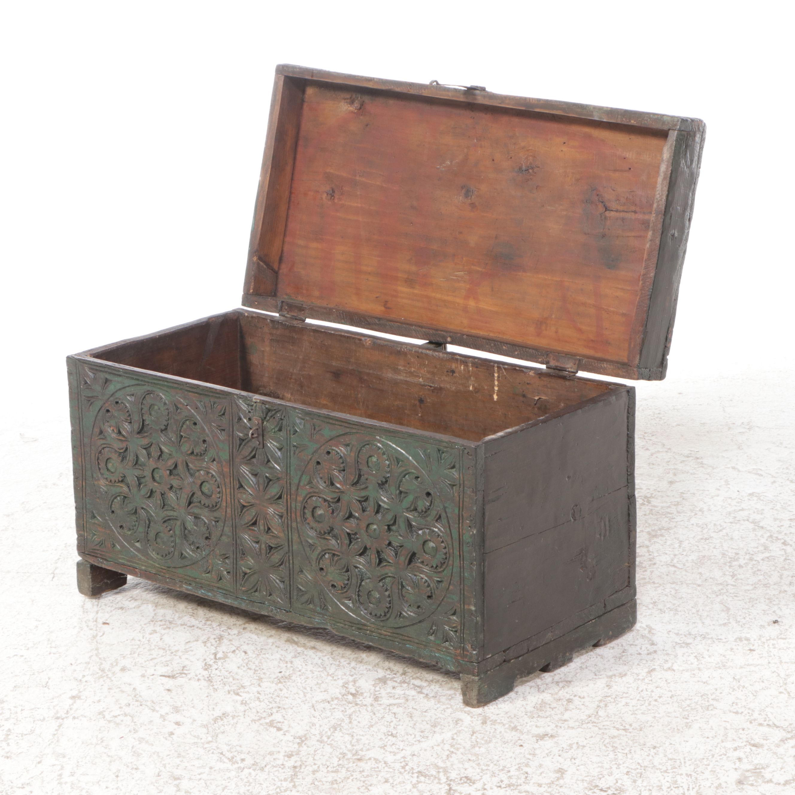 Painted Carved Wood Lock Box, 19th Century