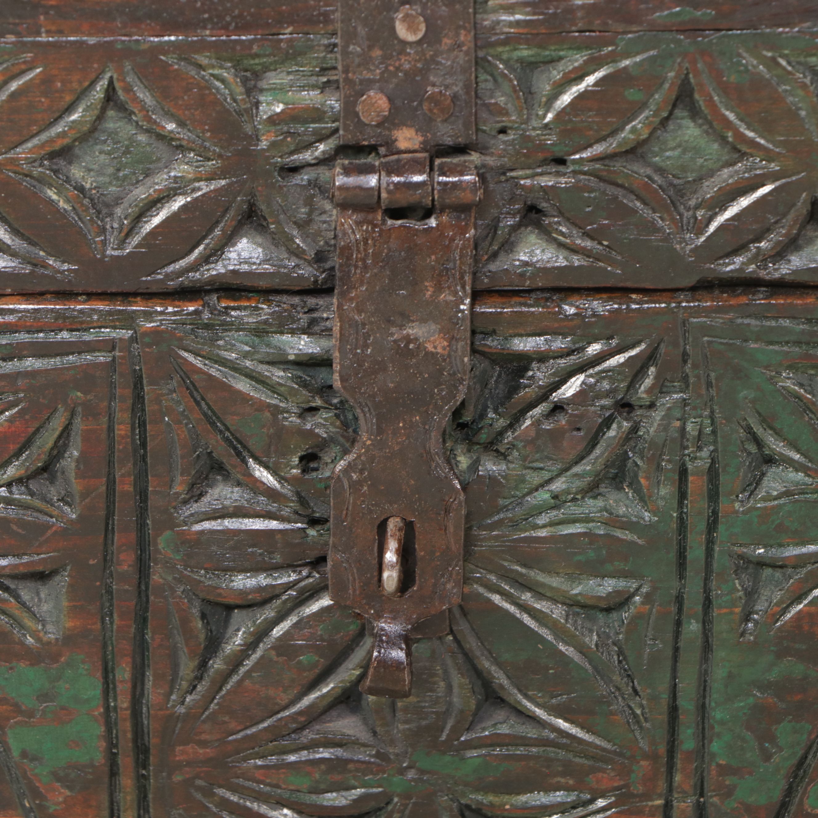 Painted Carved Wood Lock Box, 19th Century