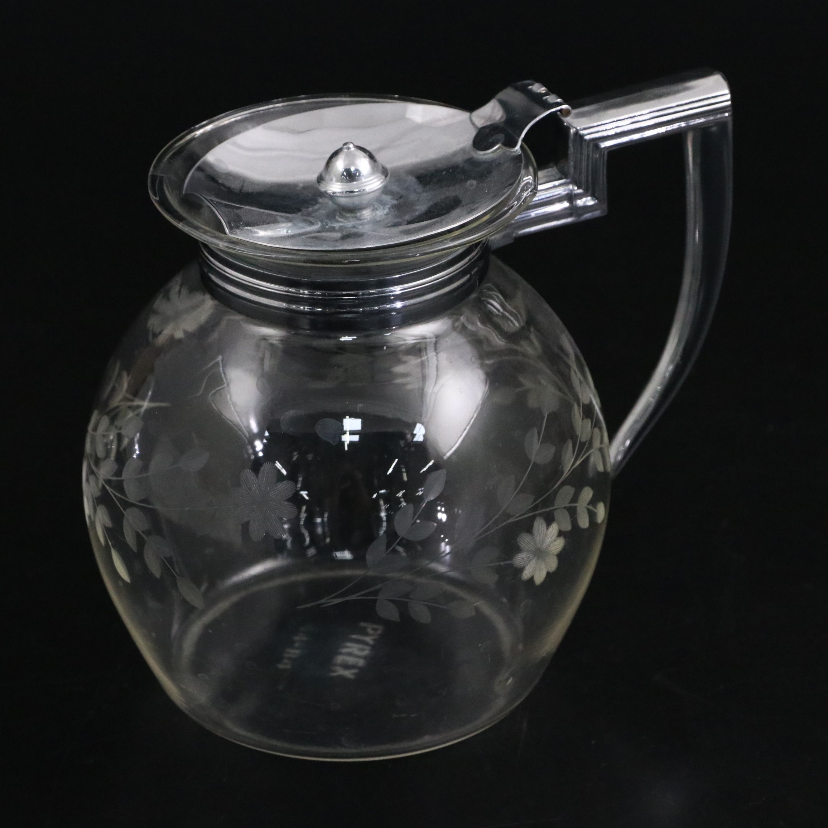Pyrex Etched Floral Glass Tea Pot with Other Pitchers, Vintage