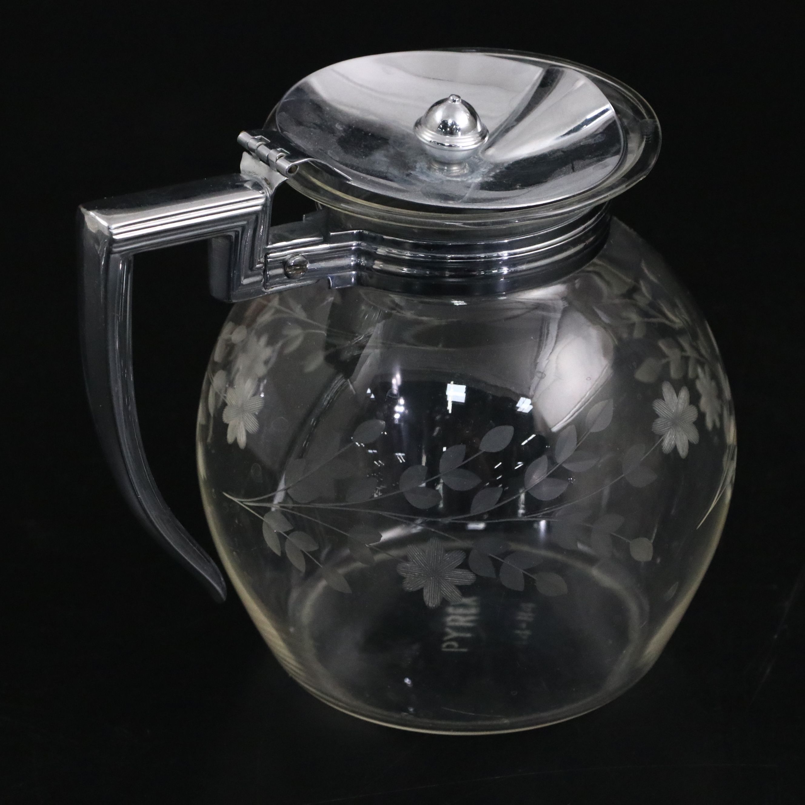 Pyrex Etched Floral Glass Tea Pot with Other Pitchers, Vintage
