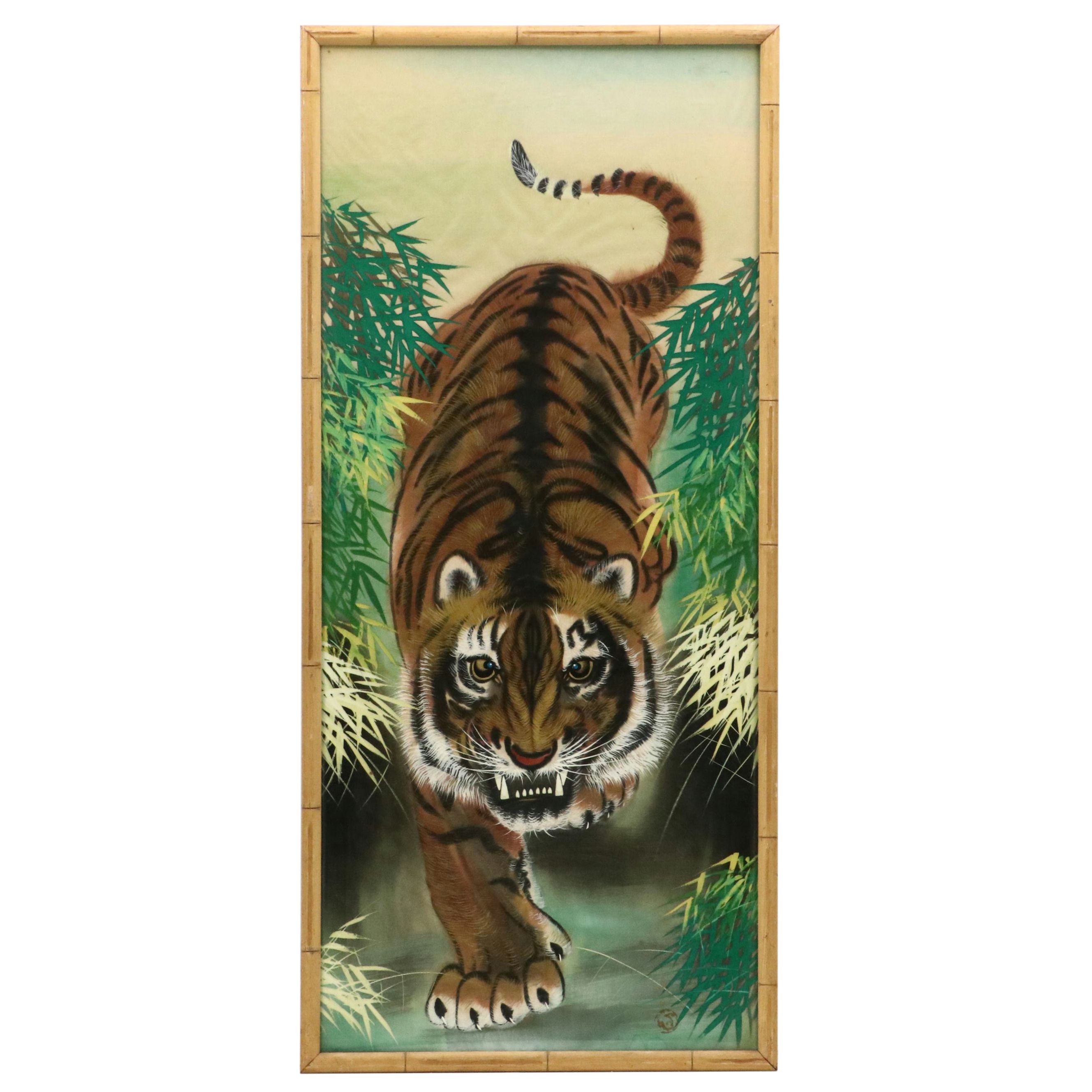 Southeast Asian School Gouache Painting on Silk of Tiger in Bamboo
