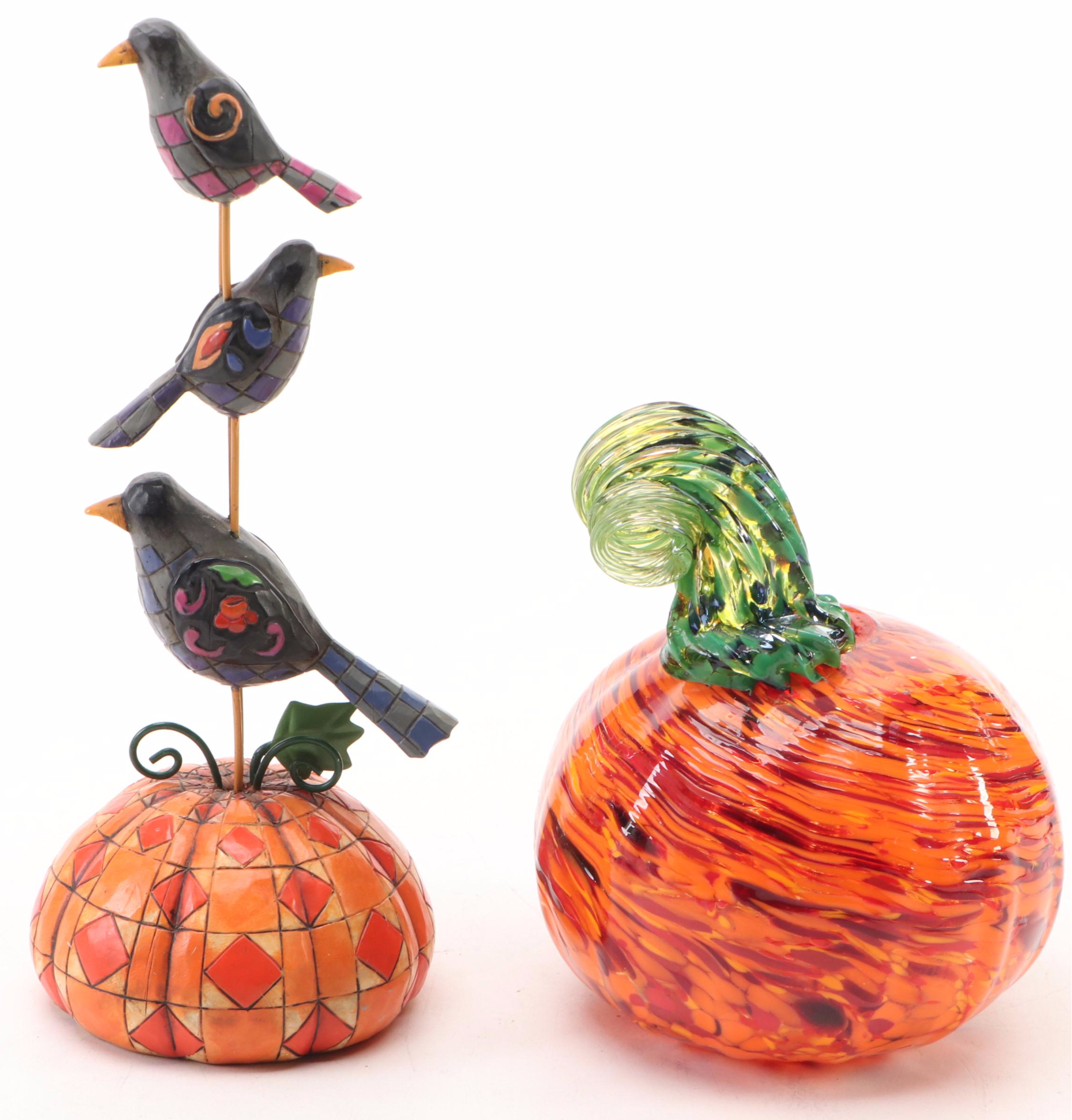 Jim Shore Heartwood Creek "Sentinel" Figurine, Simplydesignz Bowl and Pumpkin