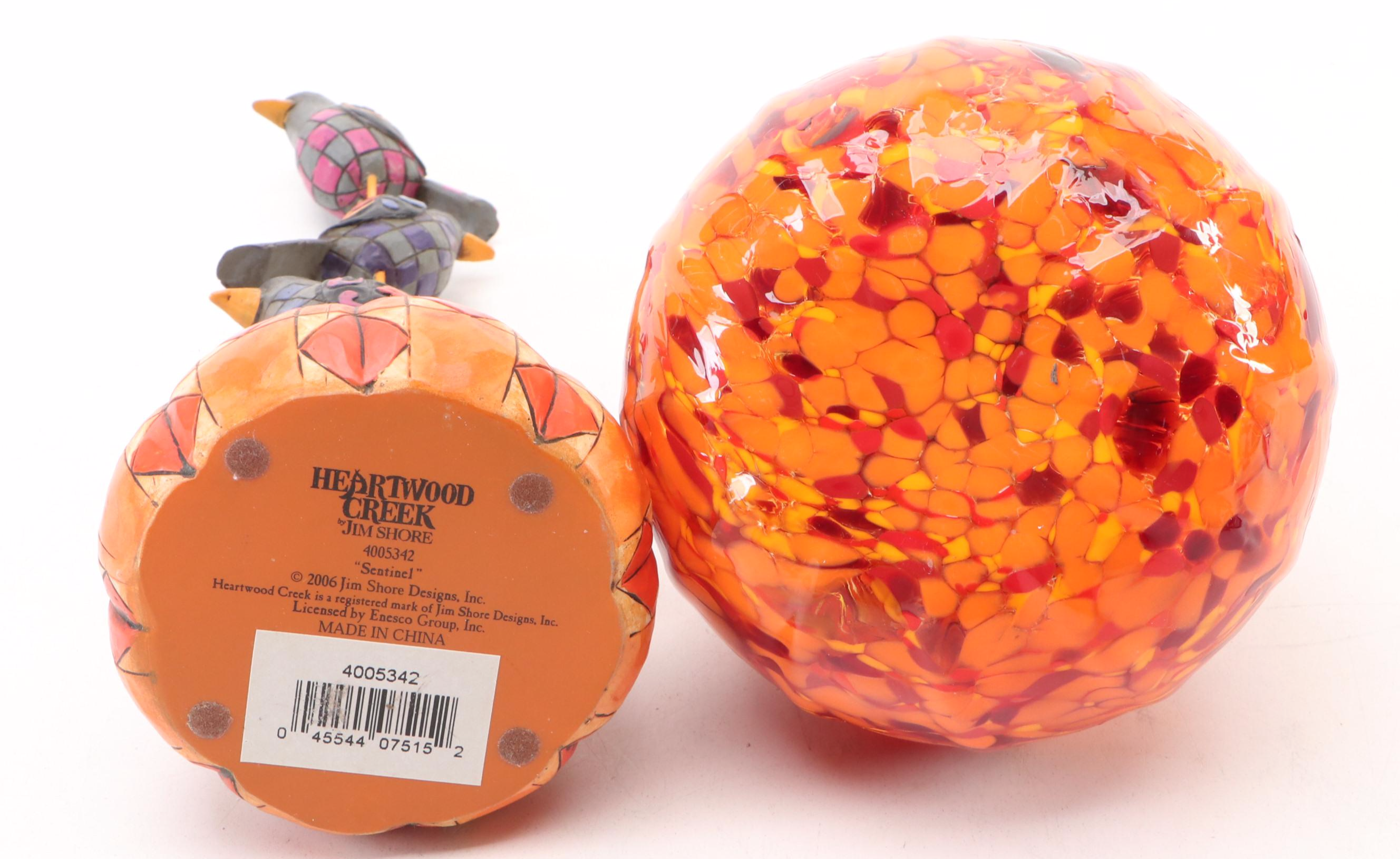 Jim Shore Heartwood Creek "Sentinel" Figurine, Simplydesignz Bowl and Pumpkin