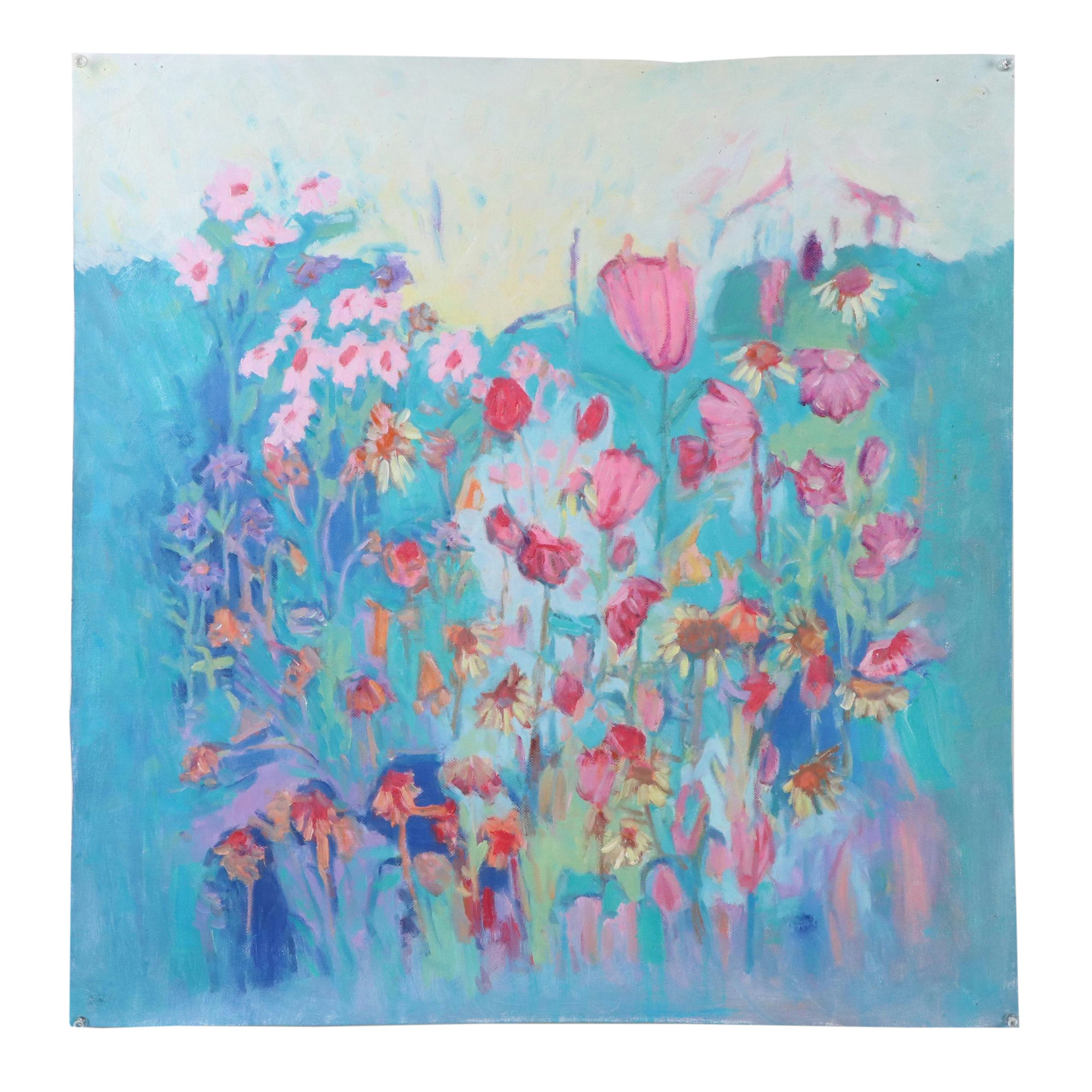 N. Ming Floral Landscape Oil Painting, 21st Century