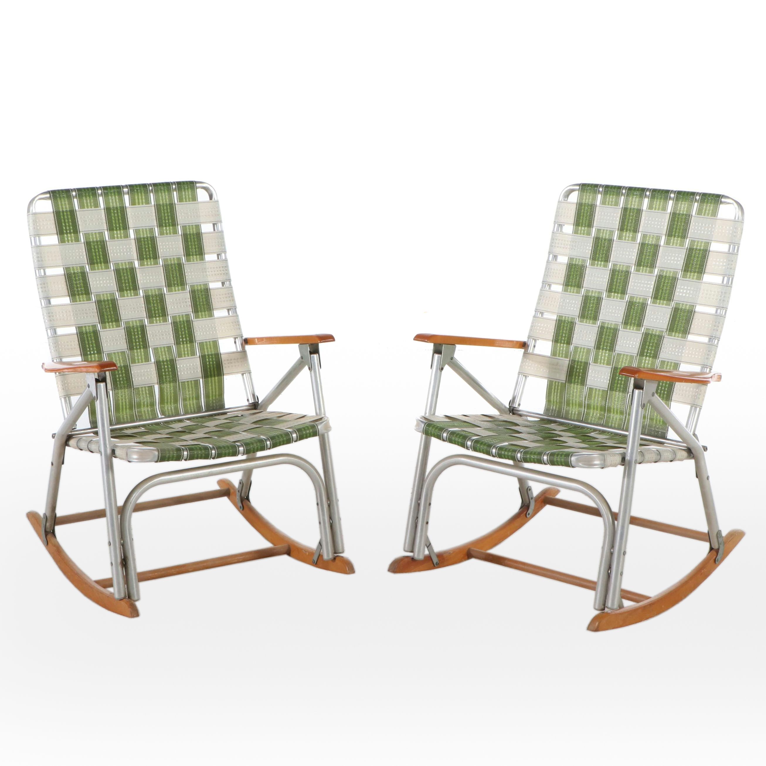 Telescope Green and White Woven Folding Rocking Chairs, Mid to Late 20th Century