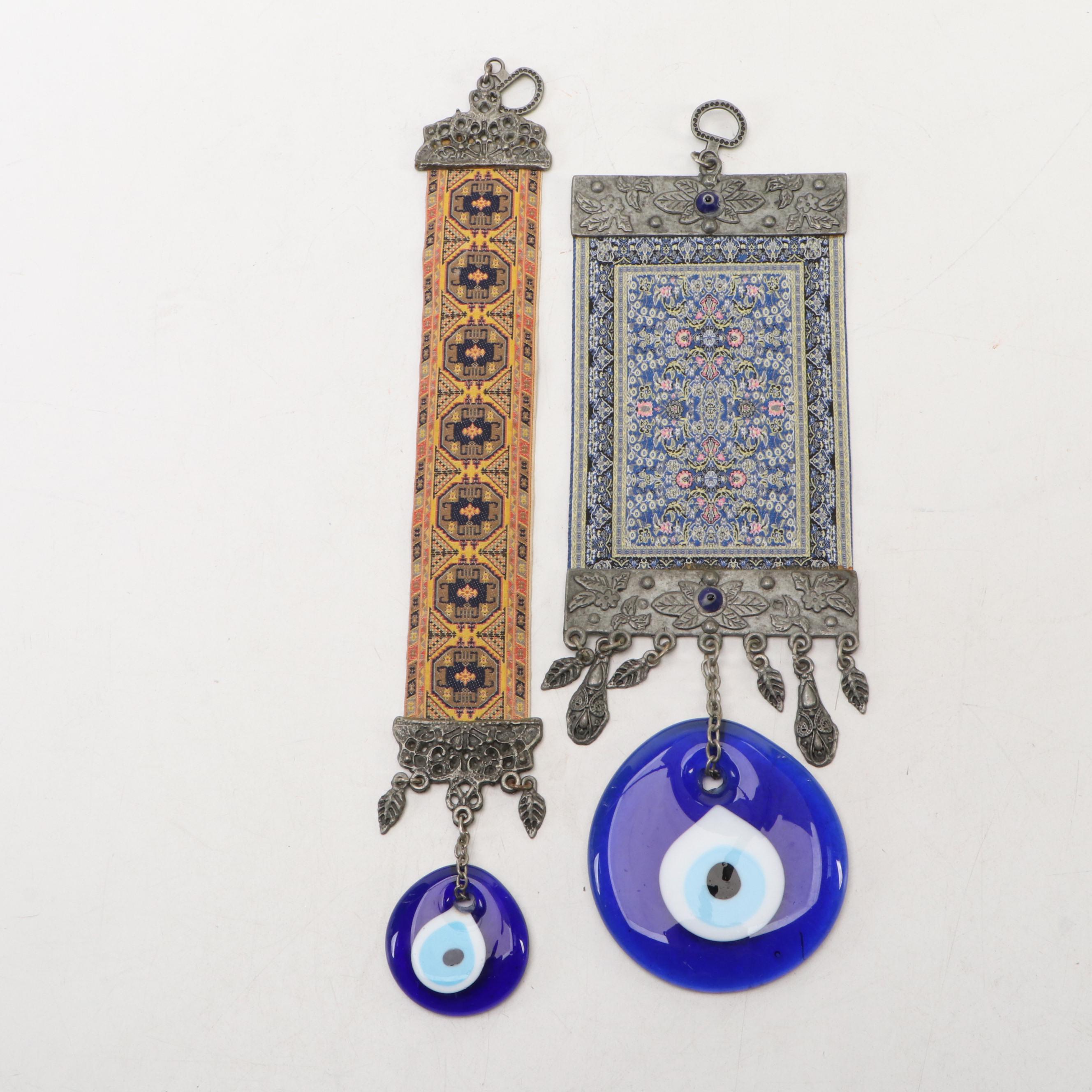Oriental Rug Pattern Wall Hangers with Evil Eye Amulets and Blue Ceramic Cat