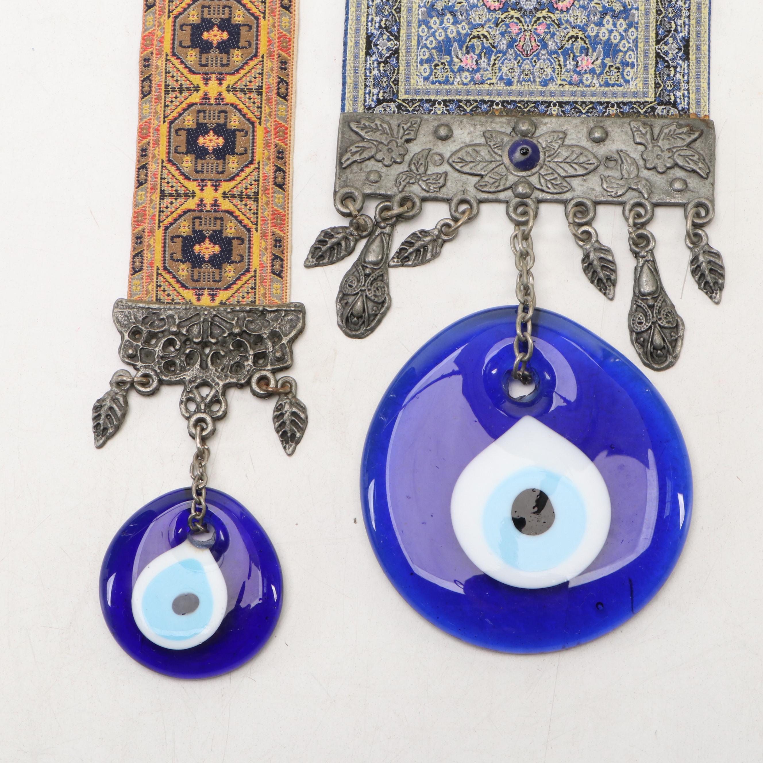Oriental Rug Pattern Wall Hangers with Evil Eye Amulets and Blue Ceramic Cat