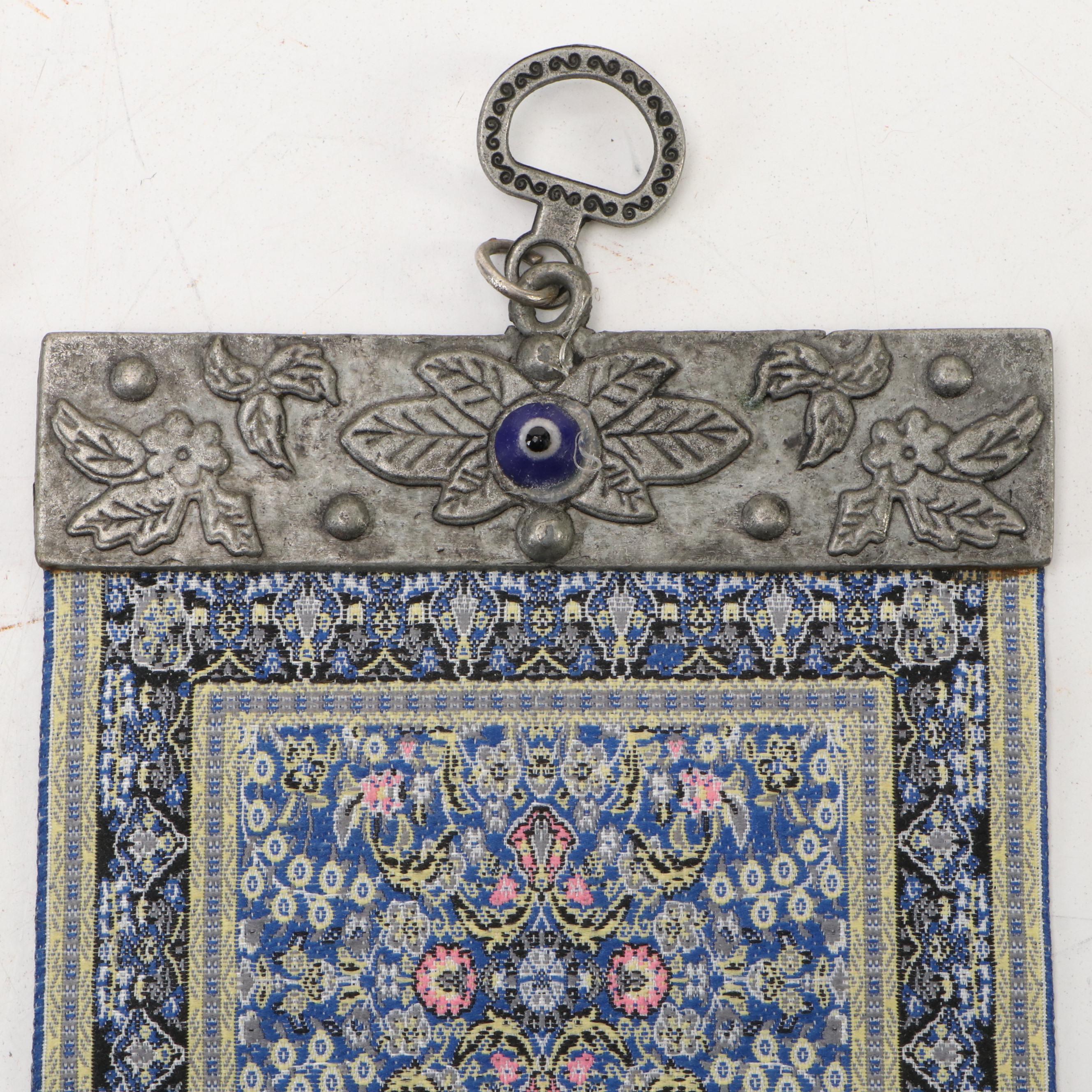 Oriental Rug Pattern Wall Hangers with Evil Eye Amulets and Blue Ceramic Cat