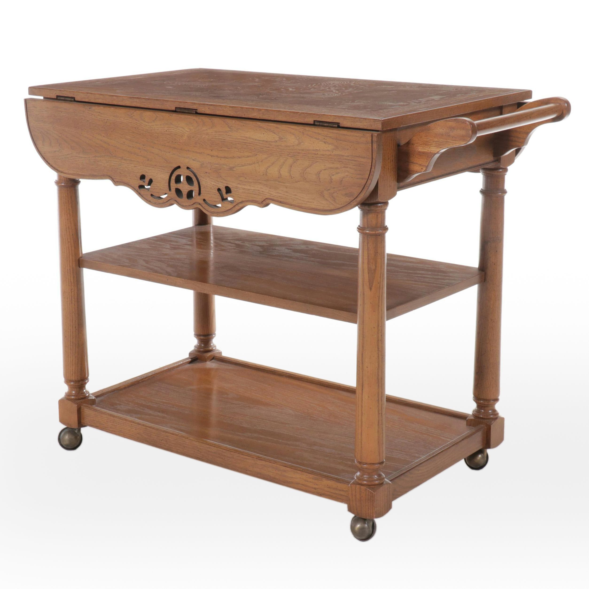 Oak and Burl Wood Drop-Leaf Bar Cart