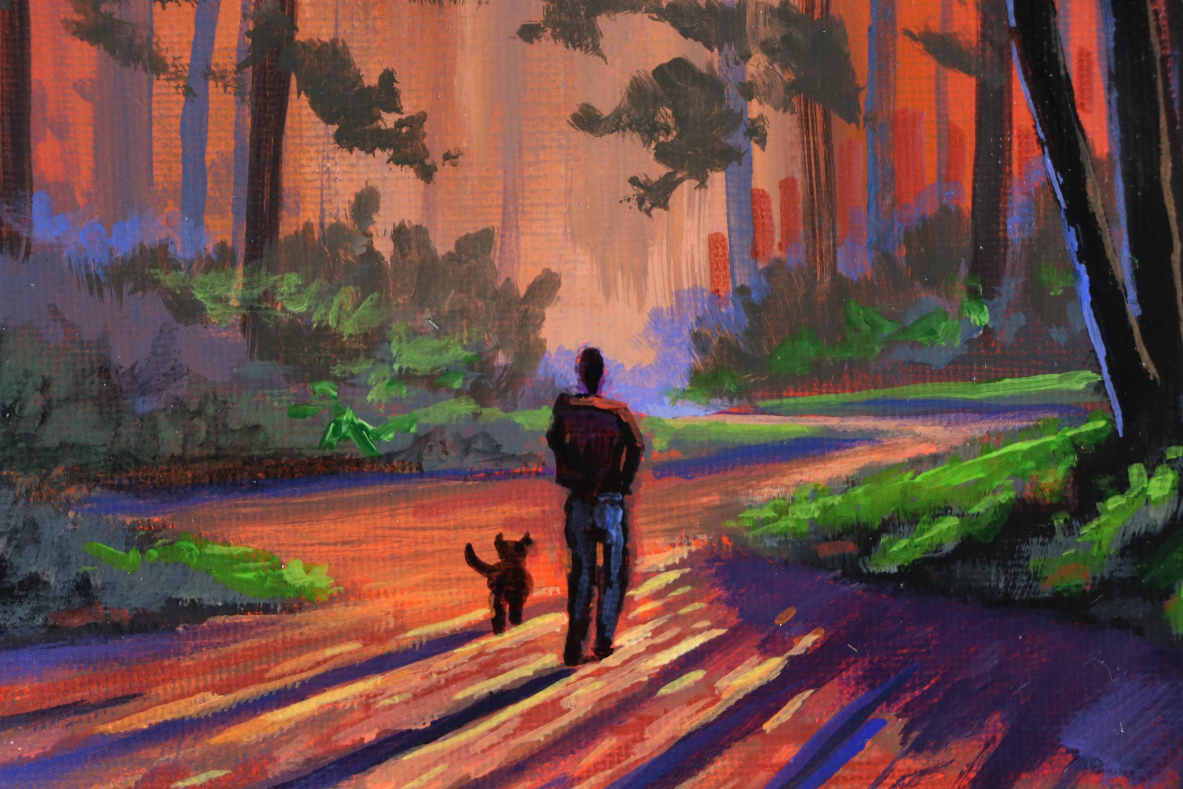 Doug "Bumo" Johnpeer Forest Landscape Oil Painting "Dog Walker," 2025