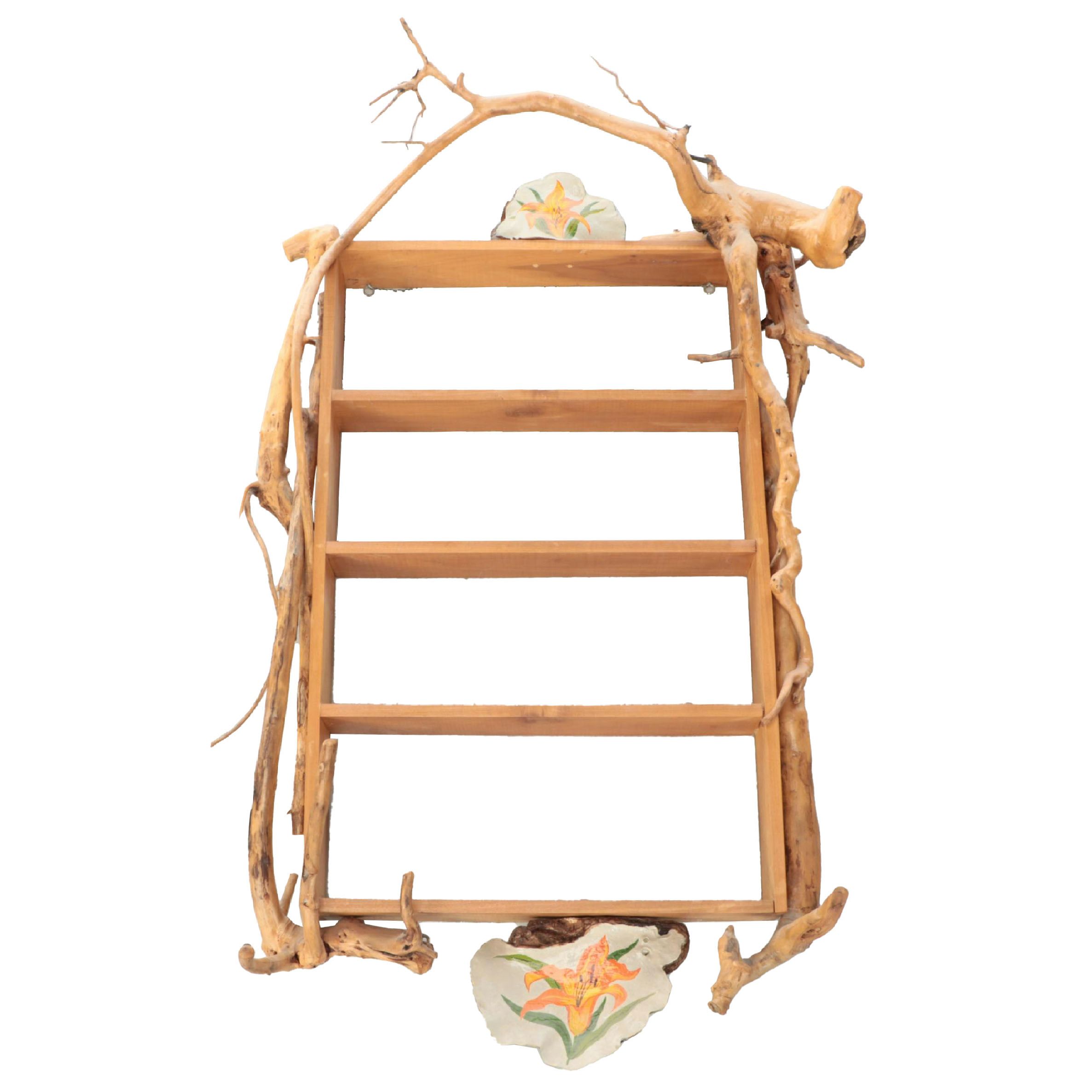 Robert Beaven Wall Shelf with Gnarled Wood Framing and Hand-Painted Daylilies