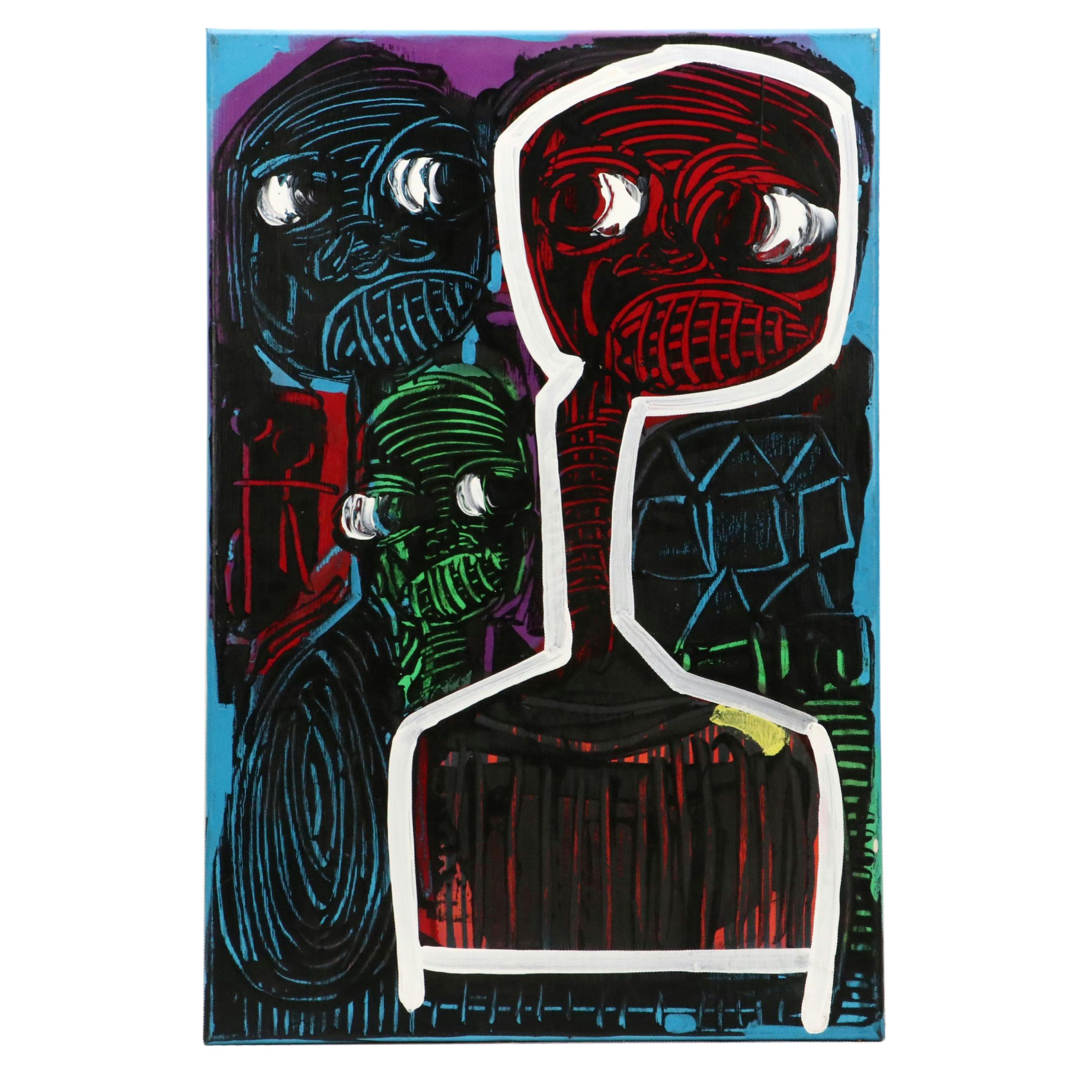 Abiola Idowu Stylized Modern Acrylic Painting, Circa 2020