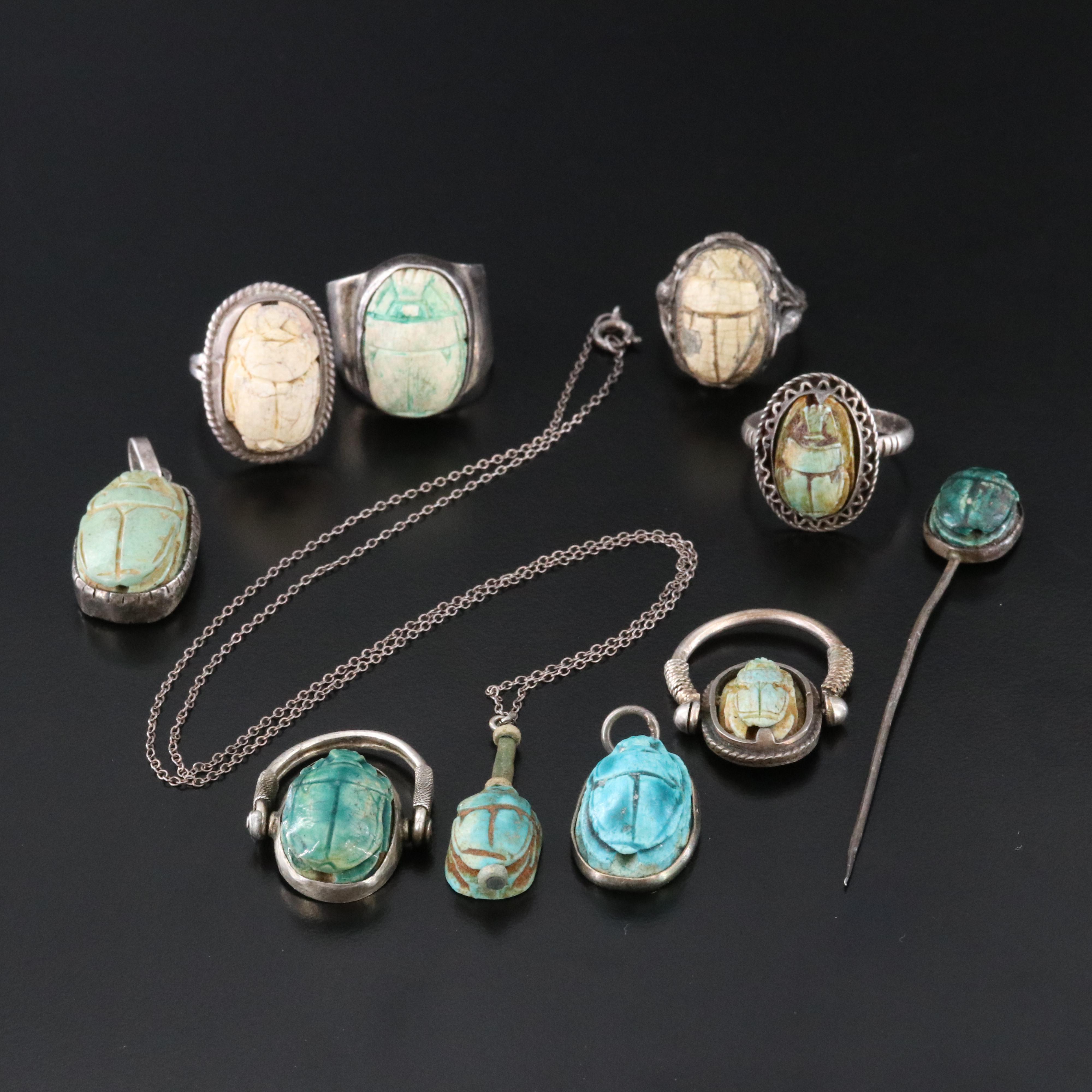 Collection of Sterling Faience Scarab Jewelry