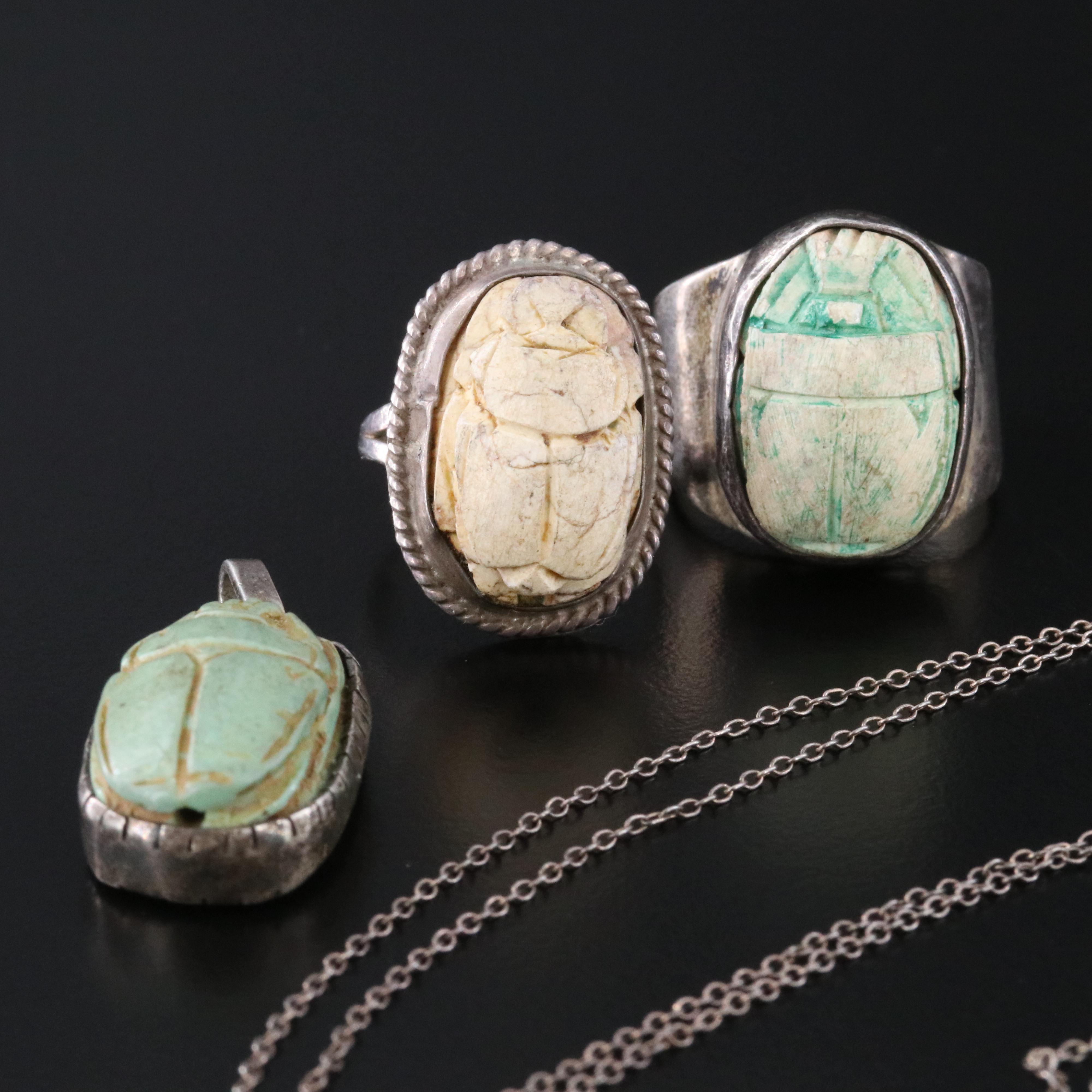 Collection of Sterling Faience Scarab Jewelry