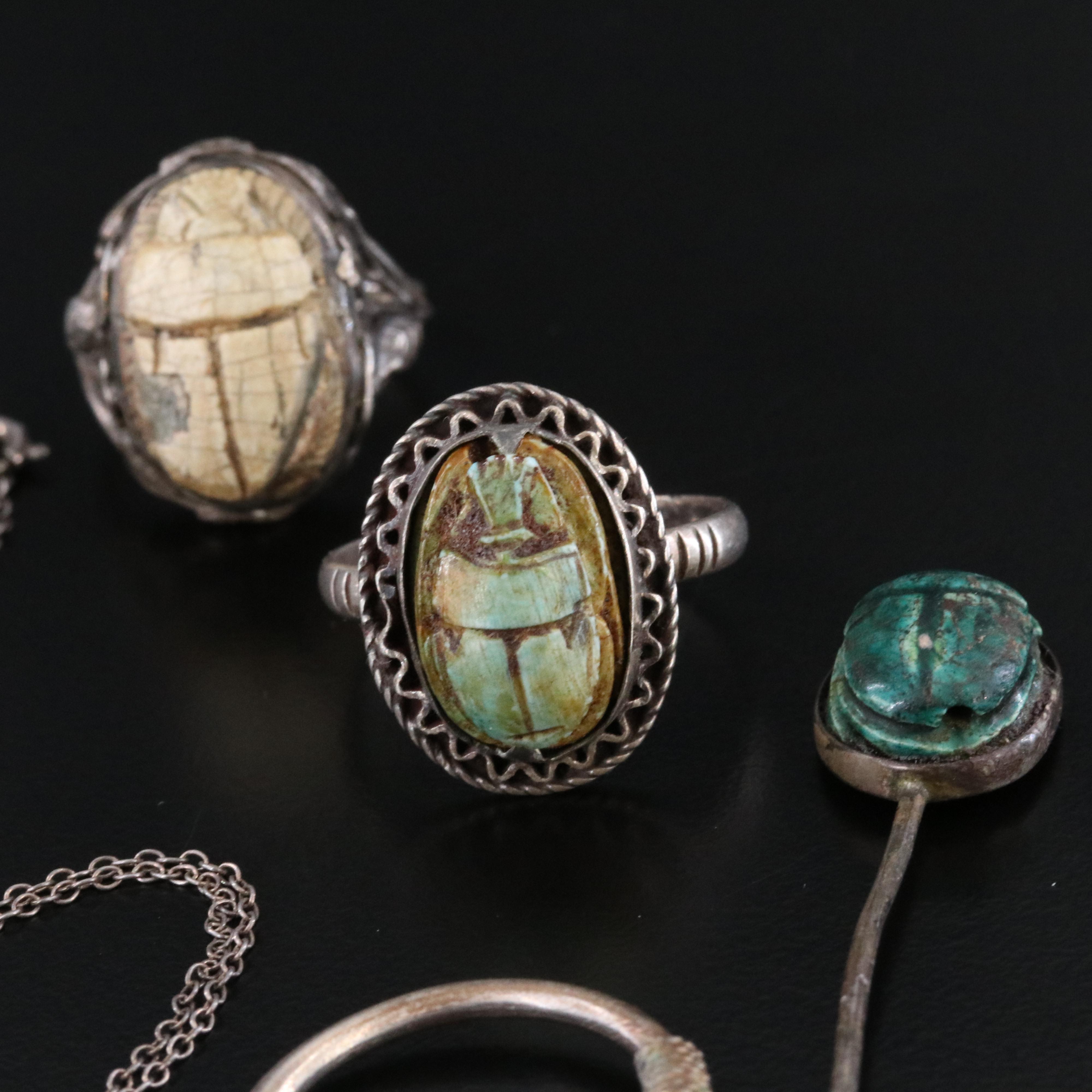 Collection of Sterling Faience Scarab Jewelry