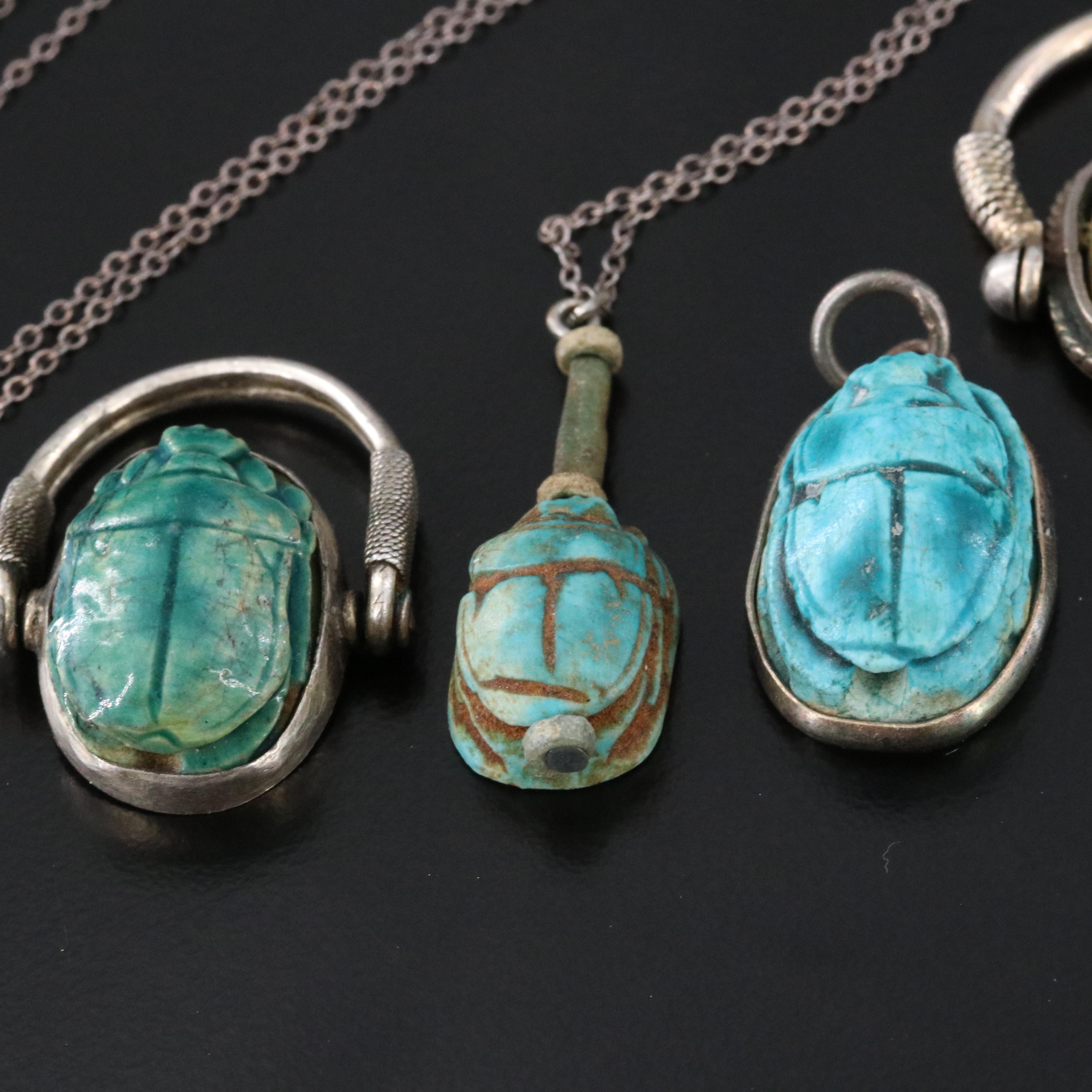 Collection of Sterling Faience Scarab Jewelry