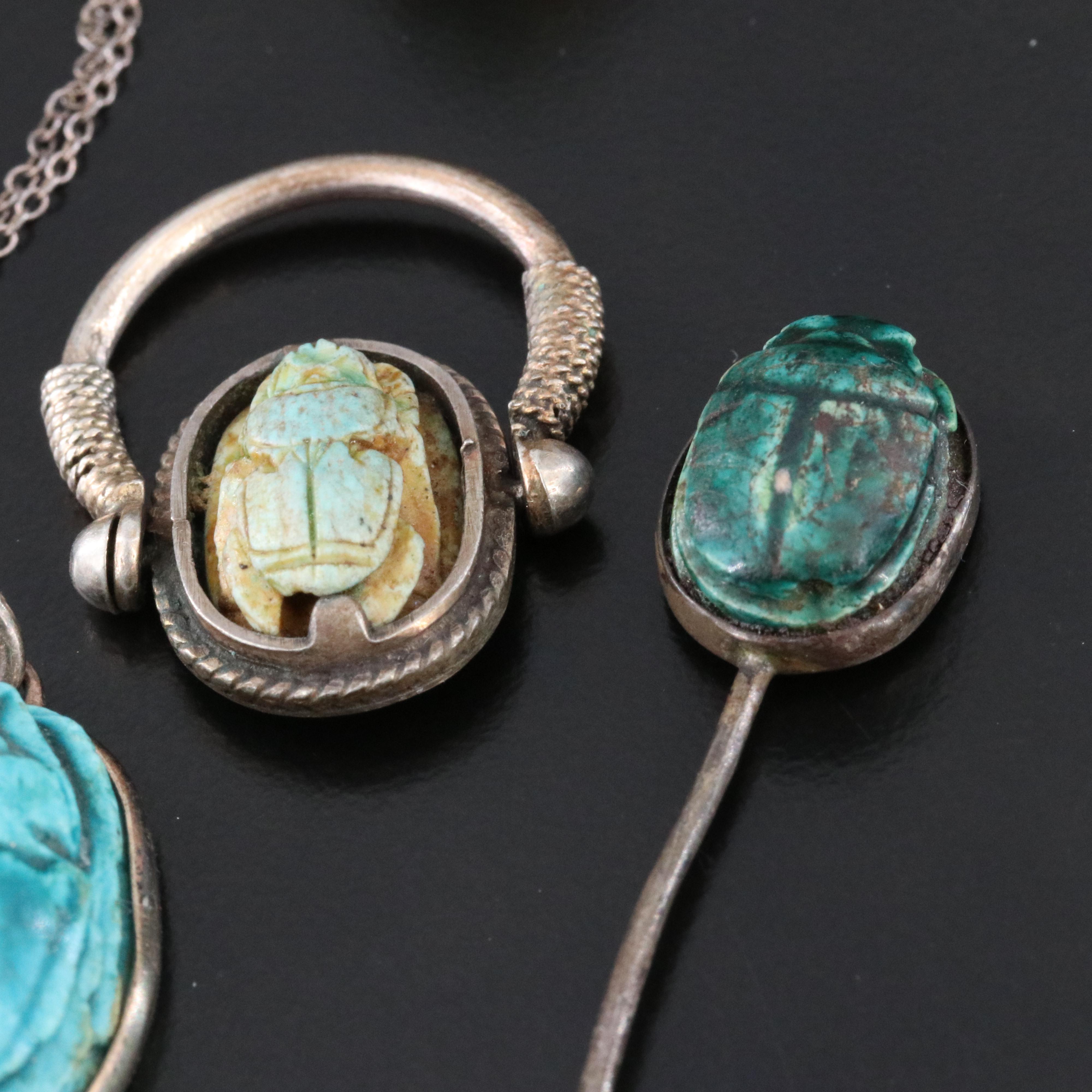 Collection of Sterling Faience Scarab Jewelry