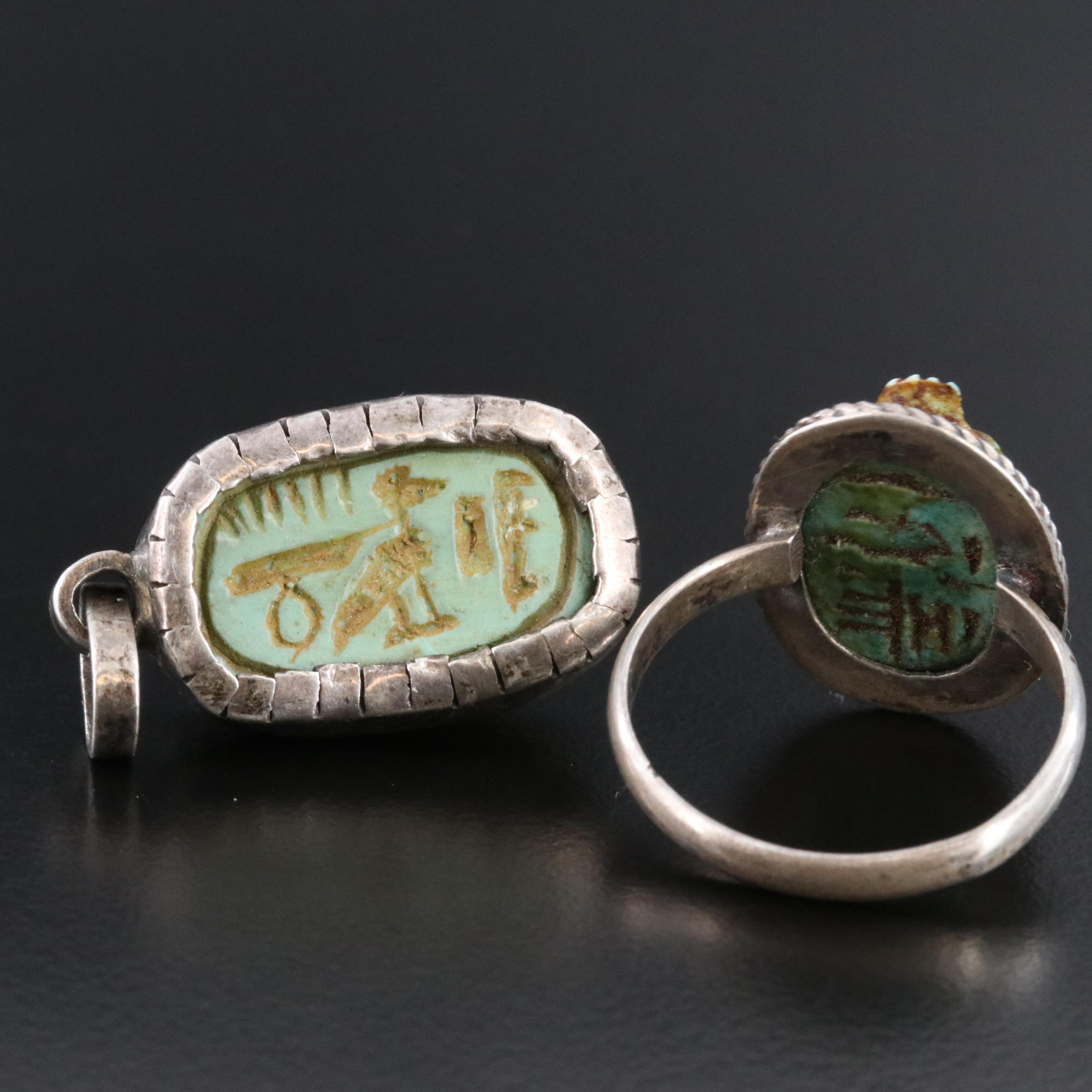 Collection of Sterling Faience Scarab Jewelry