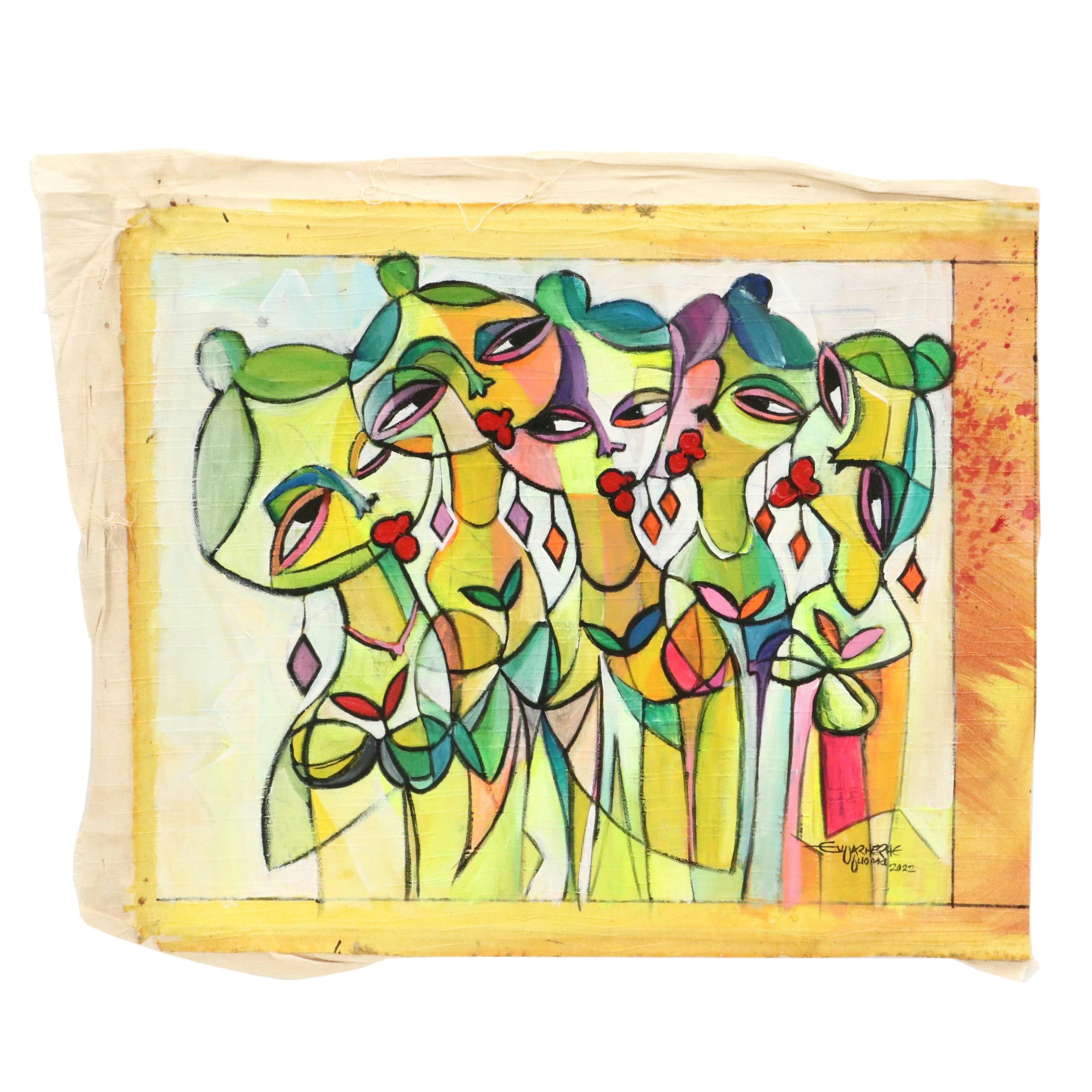 Evuarherhe Ufuoma Stylized Acrylic Painting "Large Family," 2022