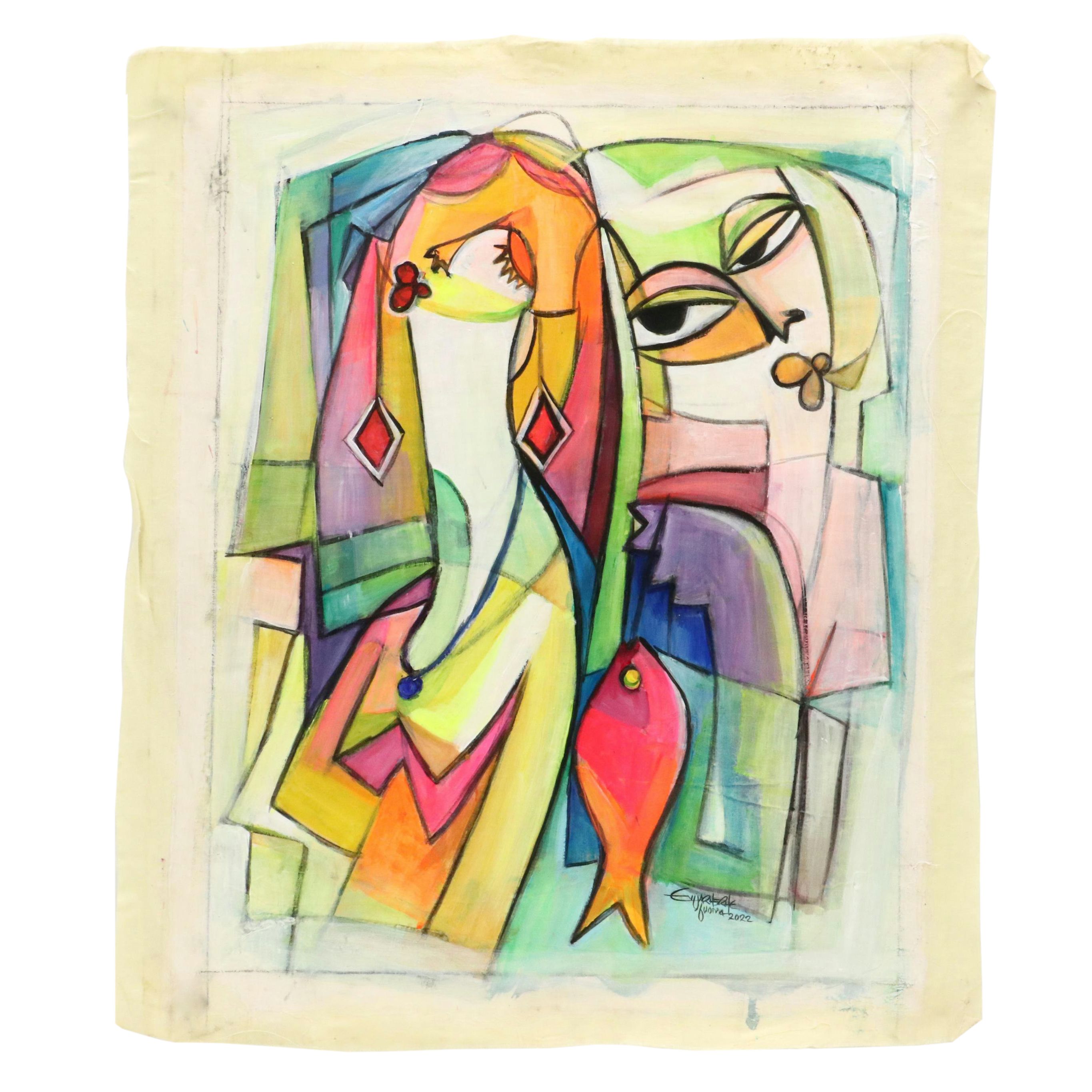 Evuarherhe Ufuoma Cubistic Acrylic Painting "Family," 2022