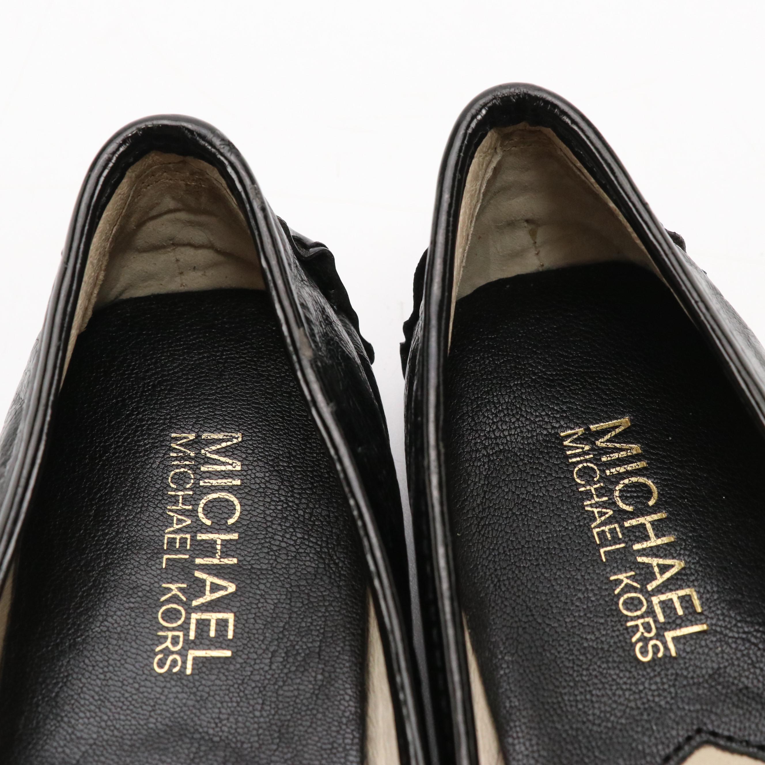 Michael Michael Kors Sky Blue and Black Leather Fulton Moccasin Flats