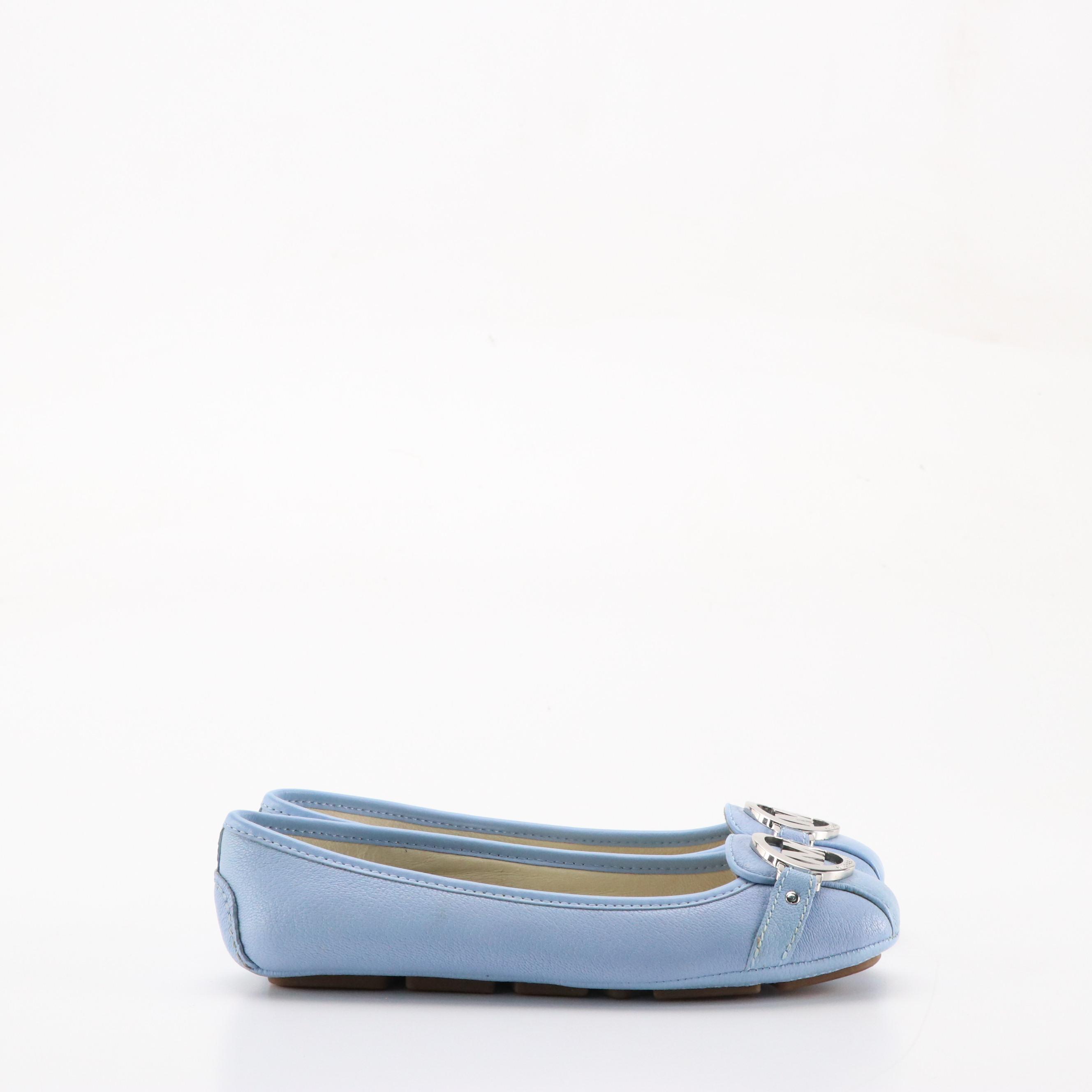 Michael Michael Kors Sky Blue and Black Leather Fulton Moccasin Flats