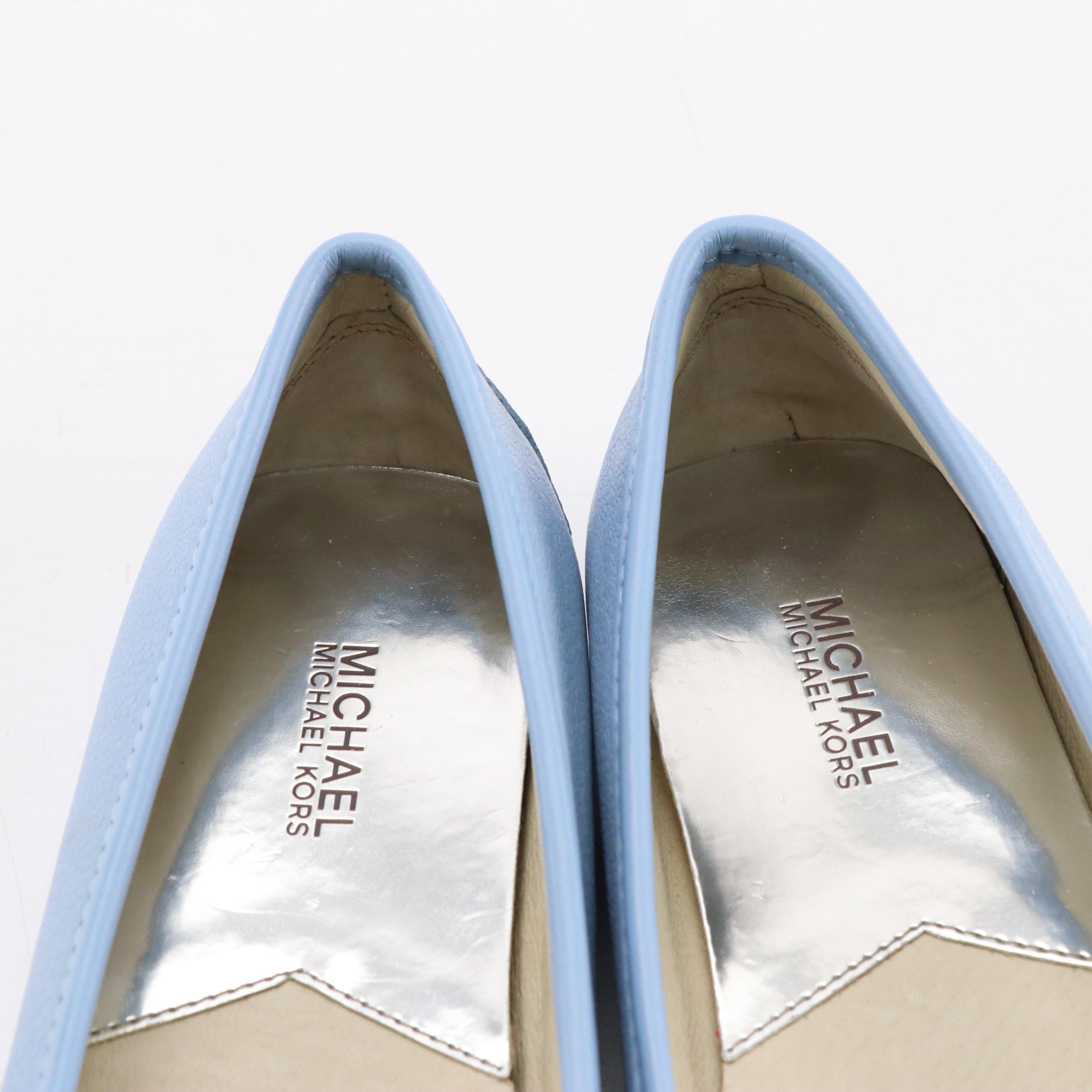Michael Michael Kors Sky Blue and Black Leather Fulton Moccasin Flats