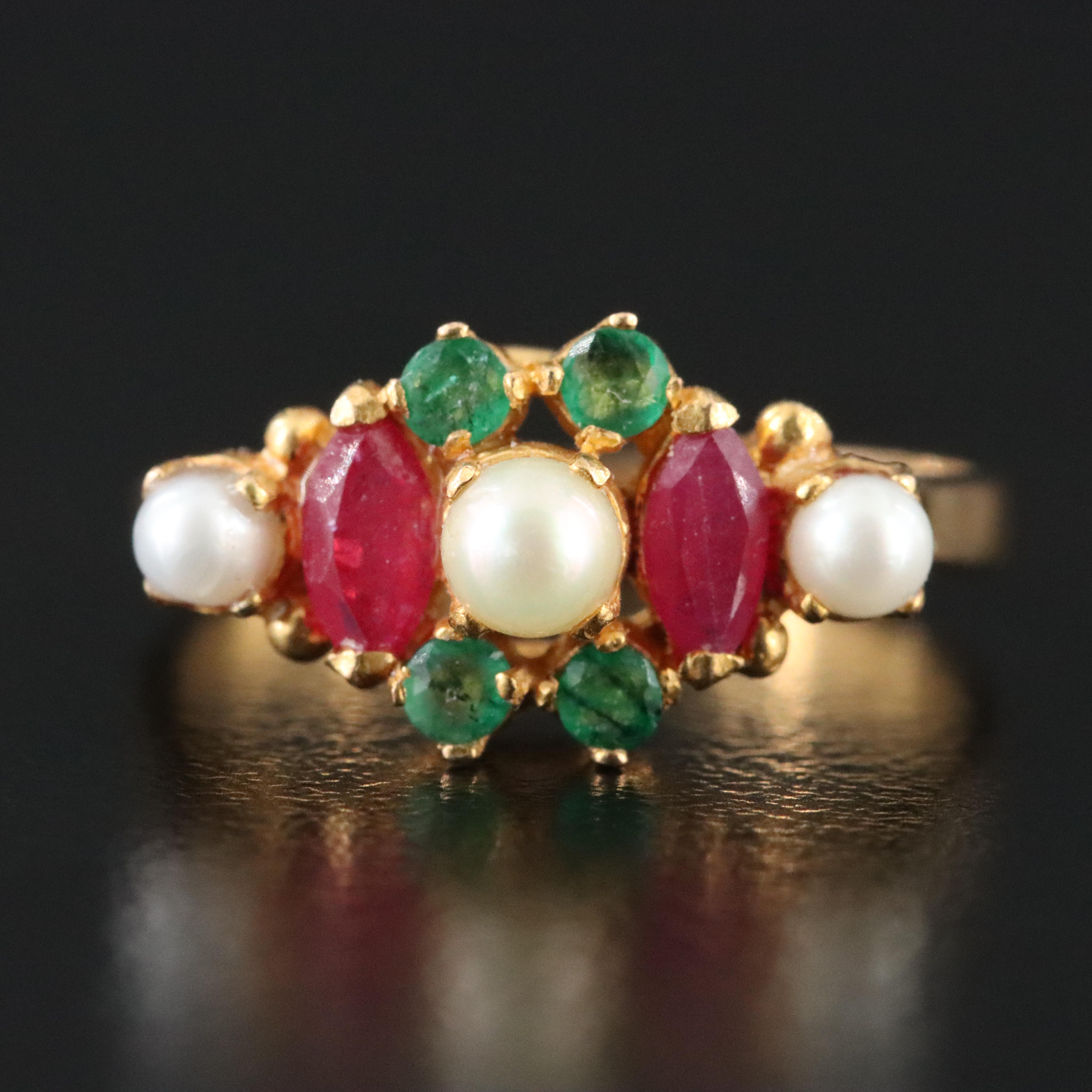 22K Pearl, Ruby and Emerald Ring