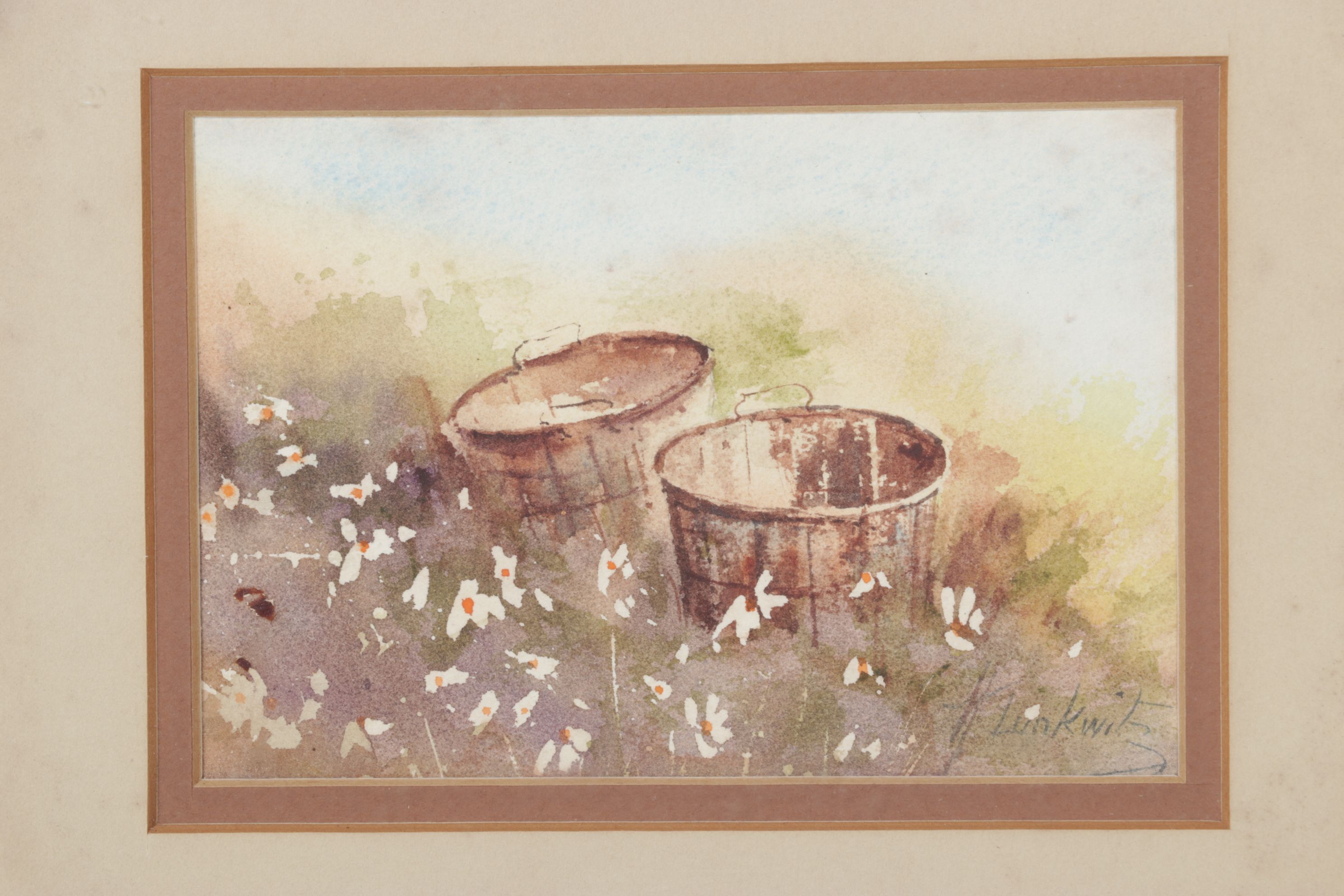 H. Lunkwitz Watercolor Still Life of Buckets in a Flowerfield, Late 20th Century