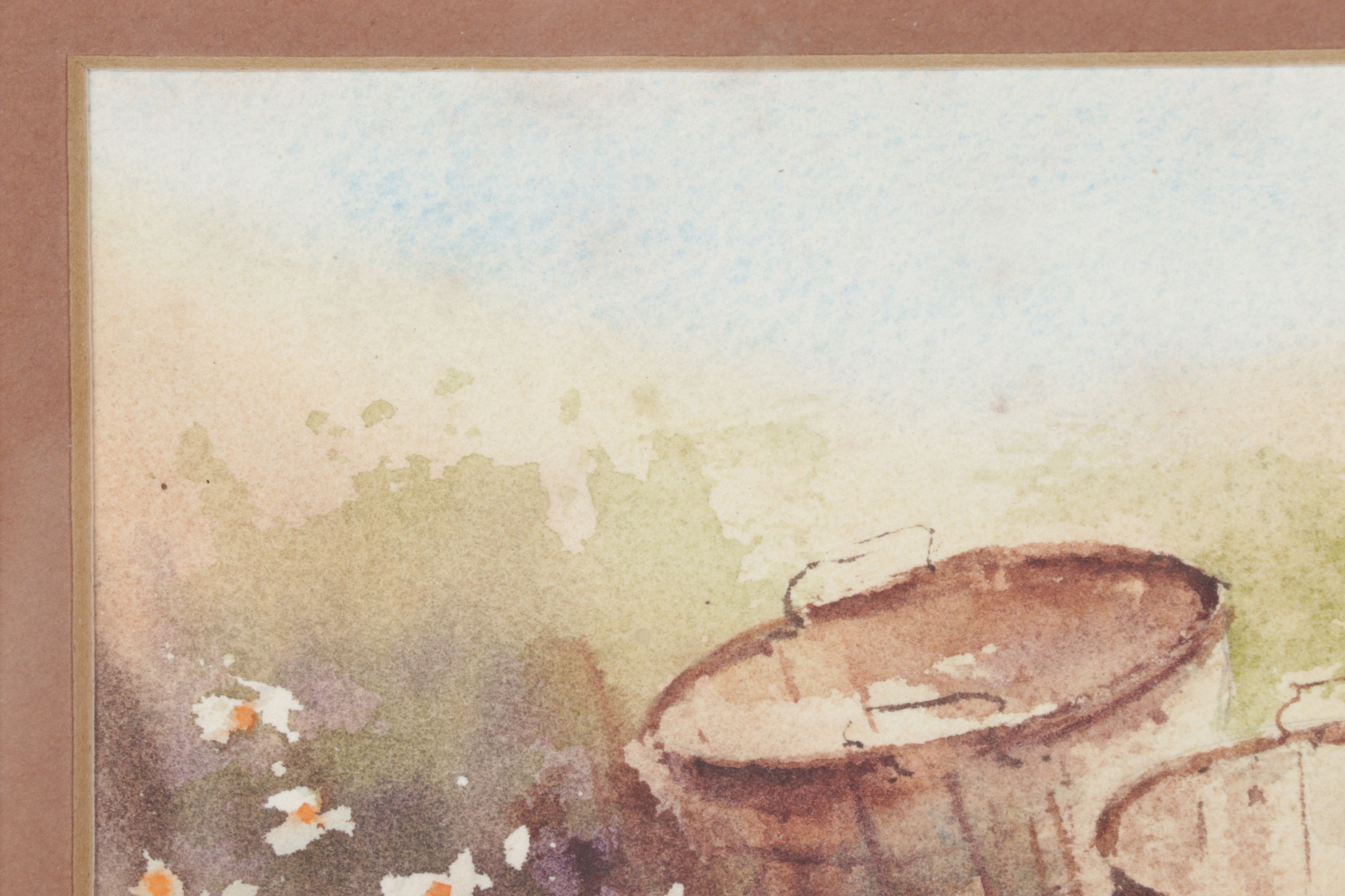 H. Lunkwitz Watercolor Still Life of Buckets in a Flowerfield, Late 20th Century