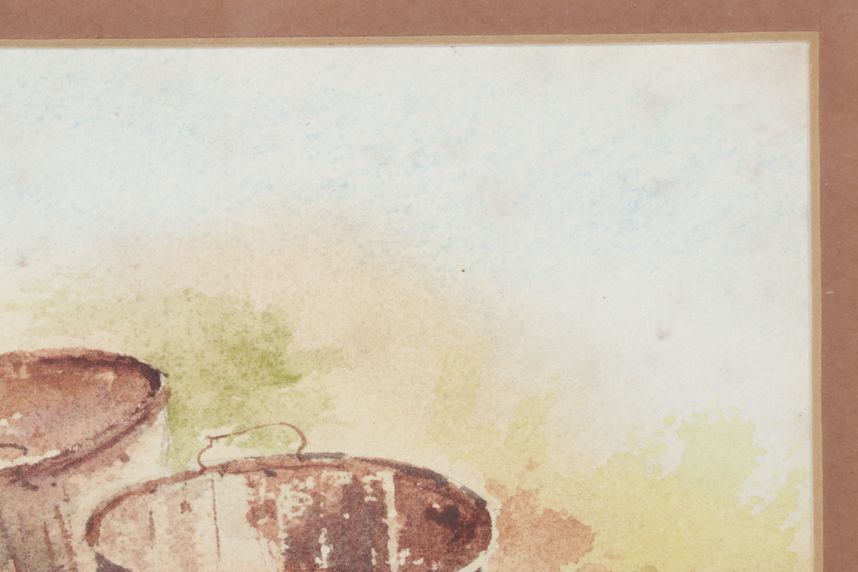 H. Lunkwitz Watercolor Still Life of Buckets in a Flowerfield, Late 20th Century