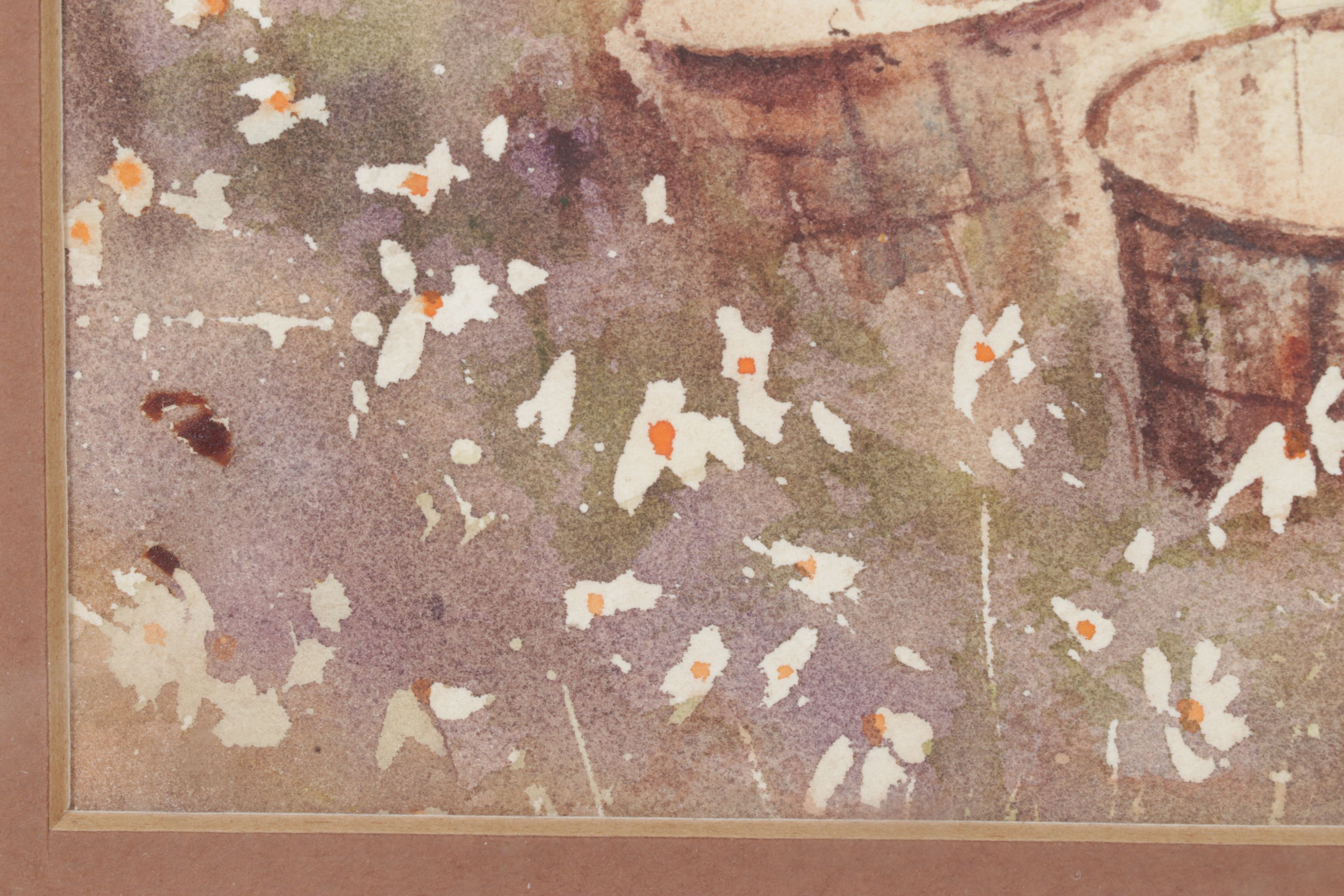 H. Lunkwitz Watercolor Still Life of Buckets in a Flowerfield, Late 20th Century