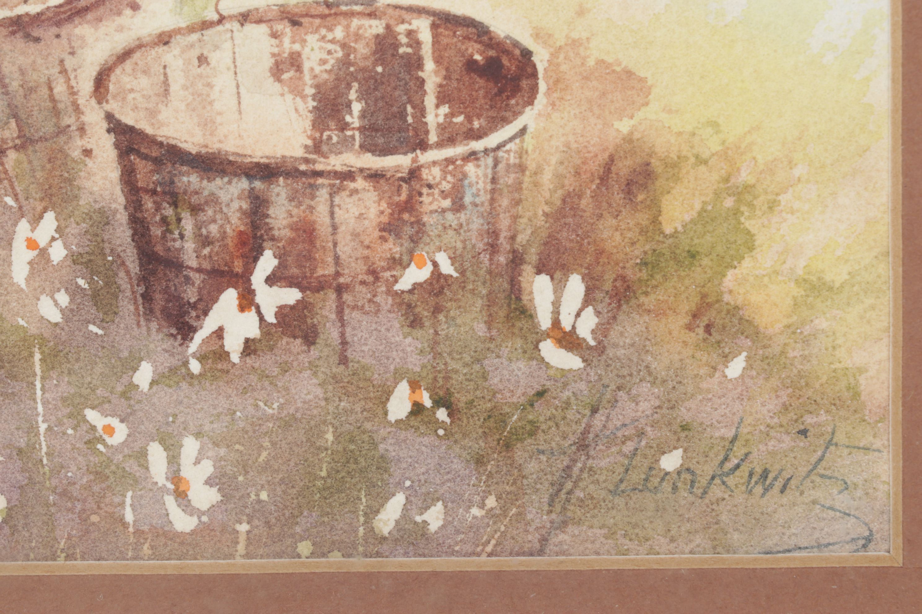 H. Lunkwitz Watercolor Still Life of Buckets in a Flowerfield, Late 20th Century