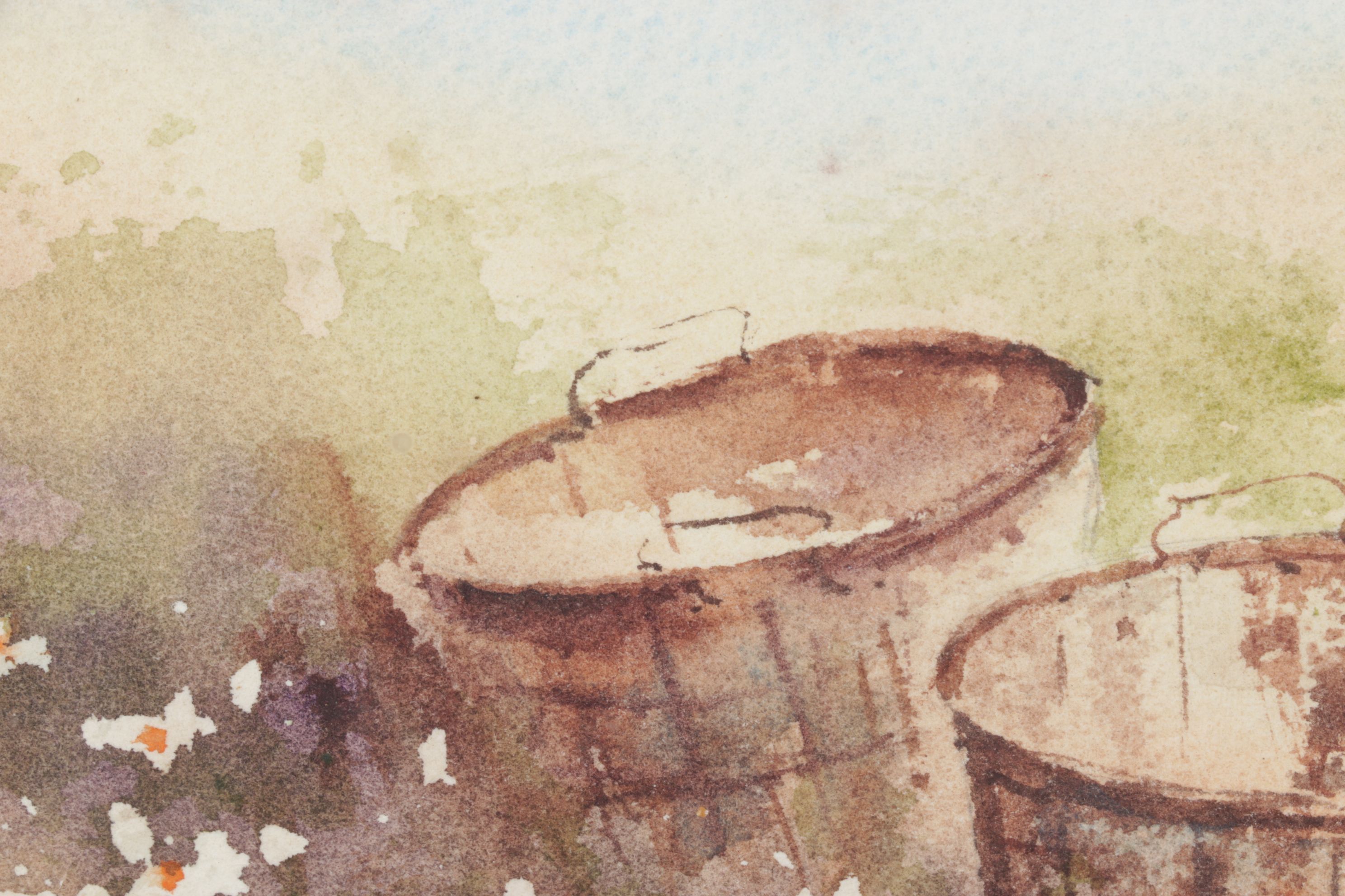H. Lunkwitz Watercolor Still Life of Buckets in a Flowerfield, Late 20th Century