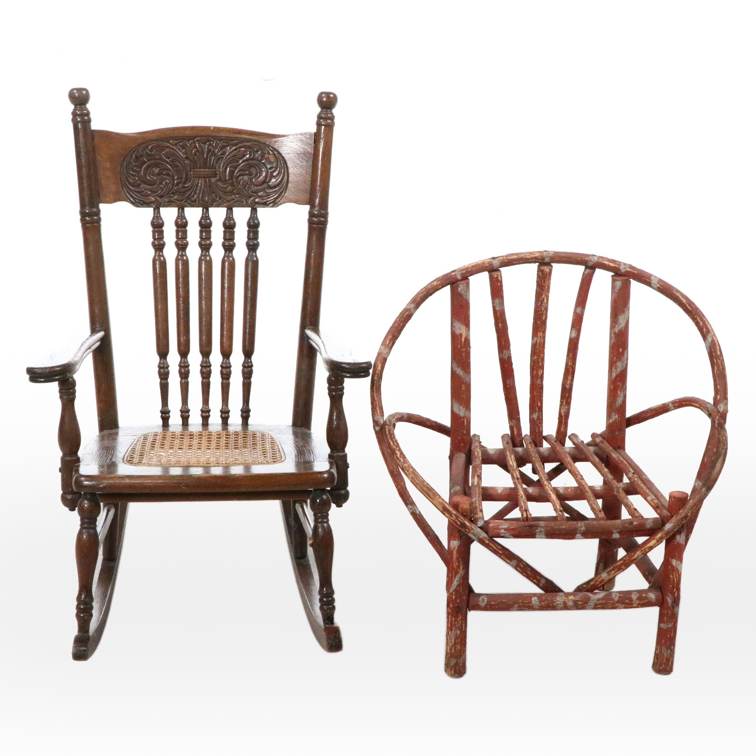 Victorian Carved Oak Rocking Chair with Caned Seat and Bent Wood Armchair