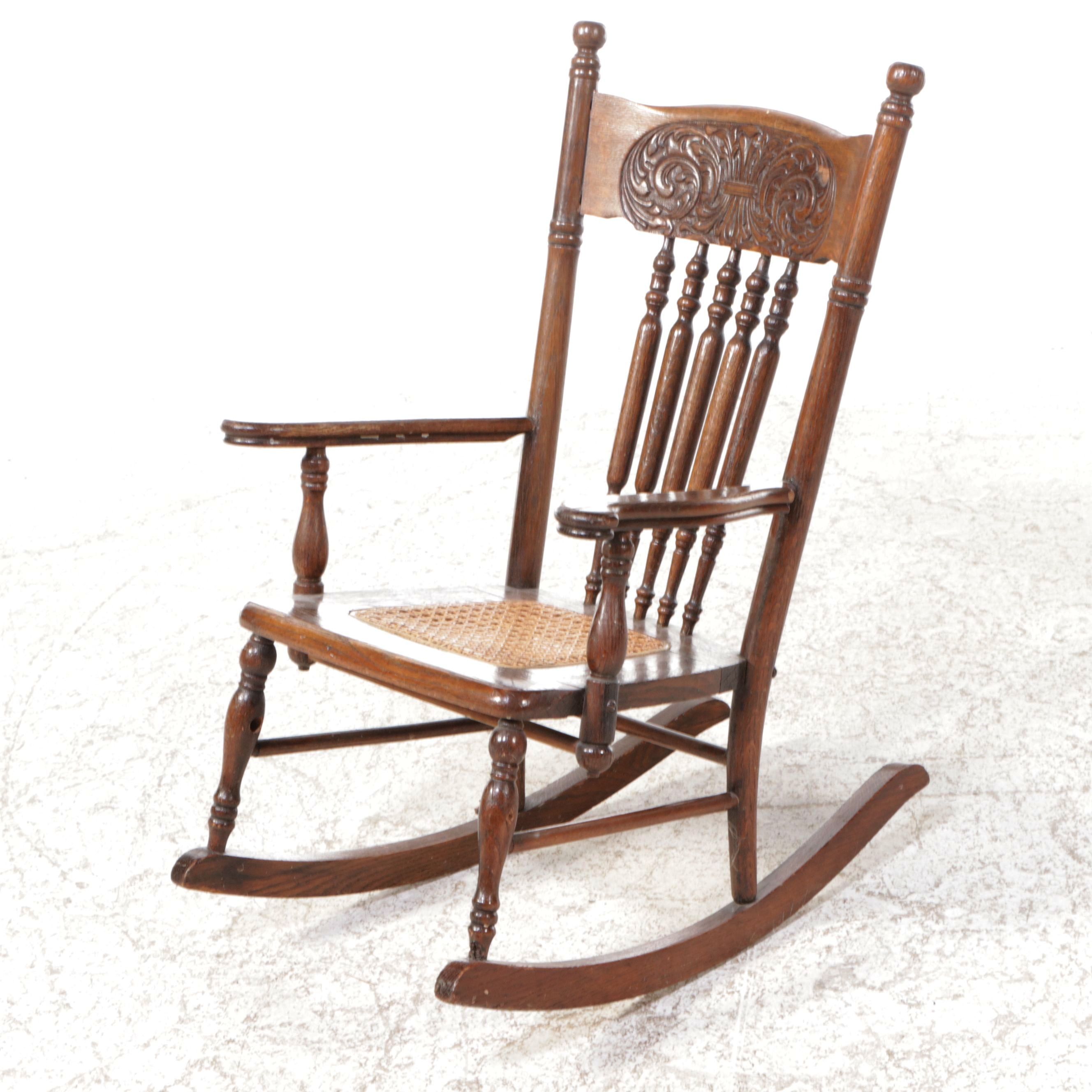 Victorian Carved Oak Rocking Chair with Caned Seat and Bent Wood Armchair