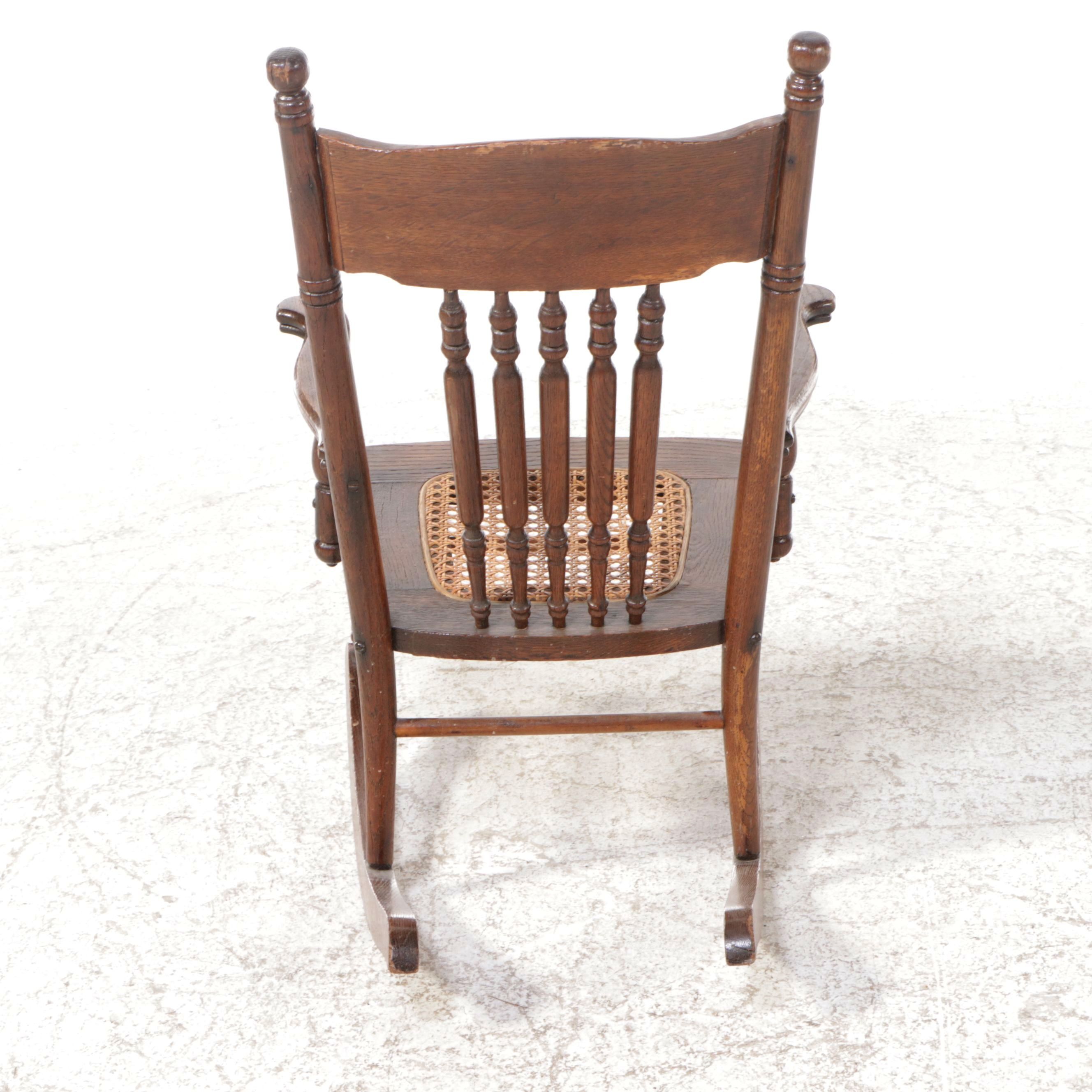 Victorian Carved Oak Rocking Chair with Caned Seat and Bent Wood Armchair