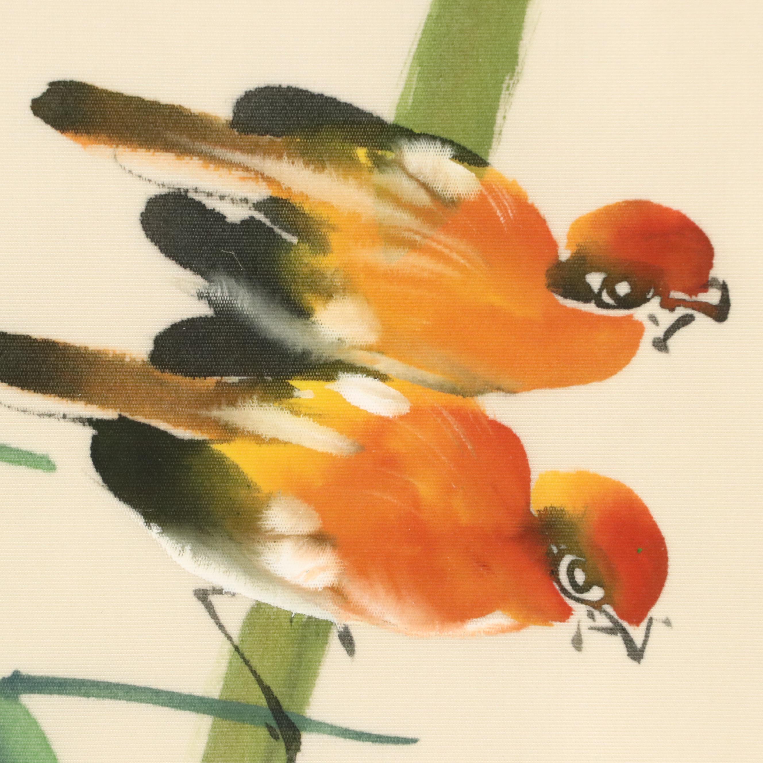 Chinese Gouache on Silk Painting of Perching Birds, 20th Century