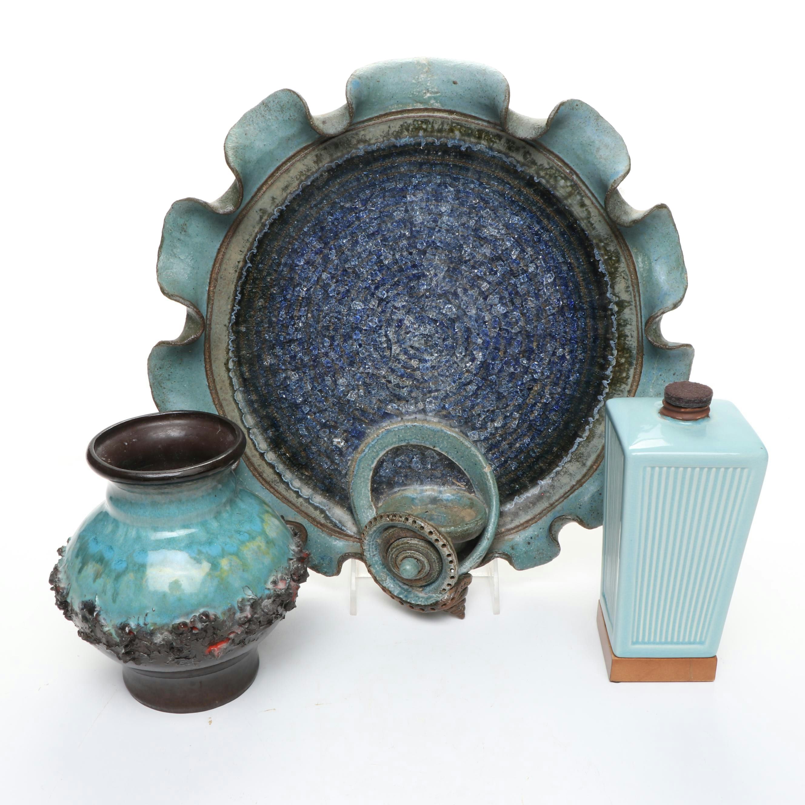 Artist Signed Ceramic Bowl with Art Pottery Vases