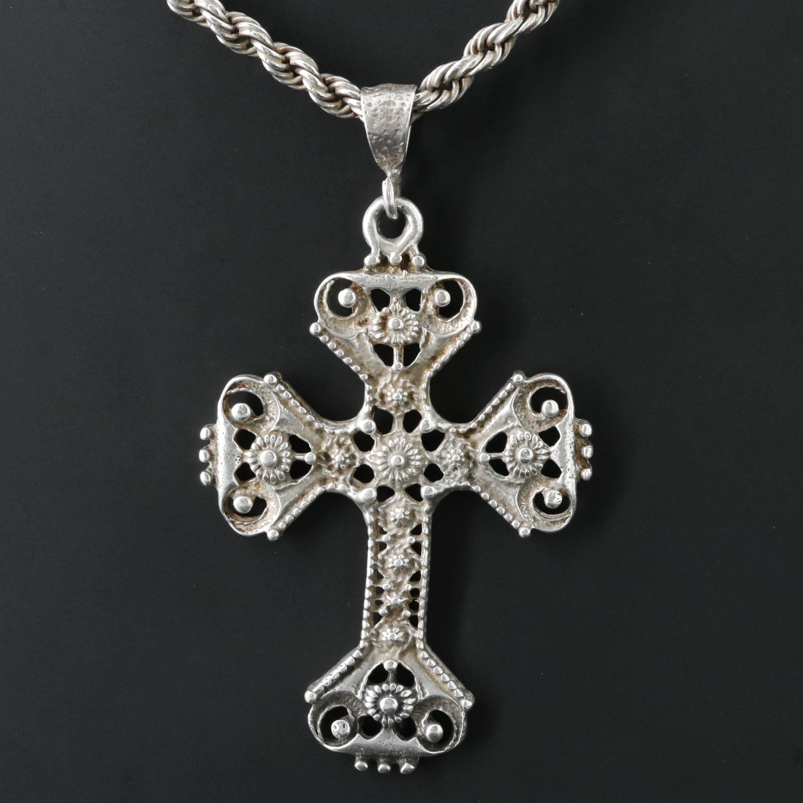 Vintage Mexican Sterling Cross Pendant Necklace