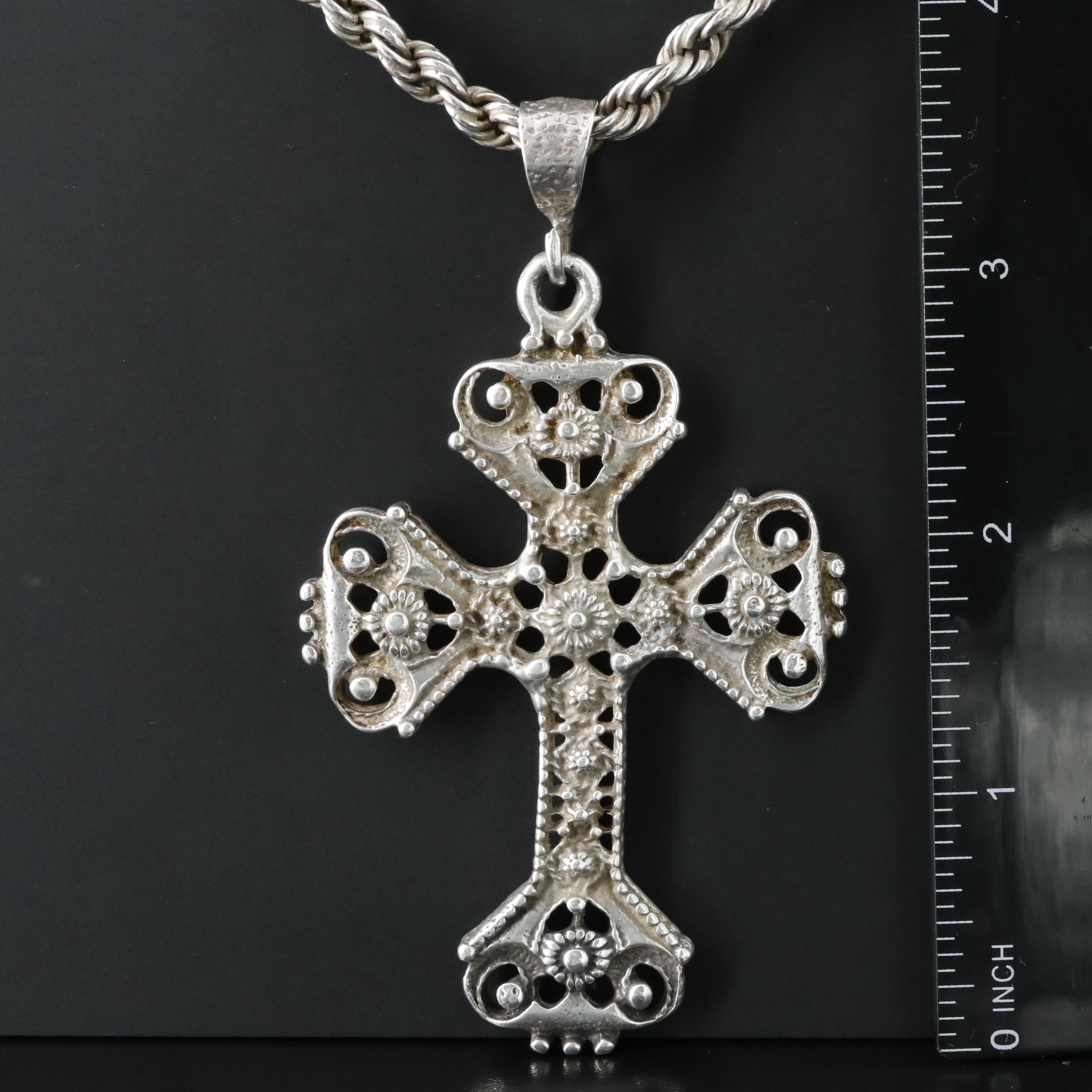 Vintage Mexican Sterling Cross Pendant Necklace