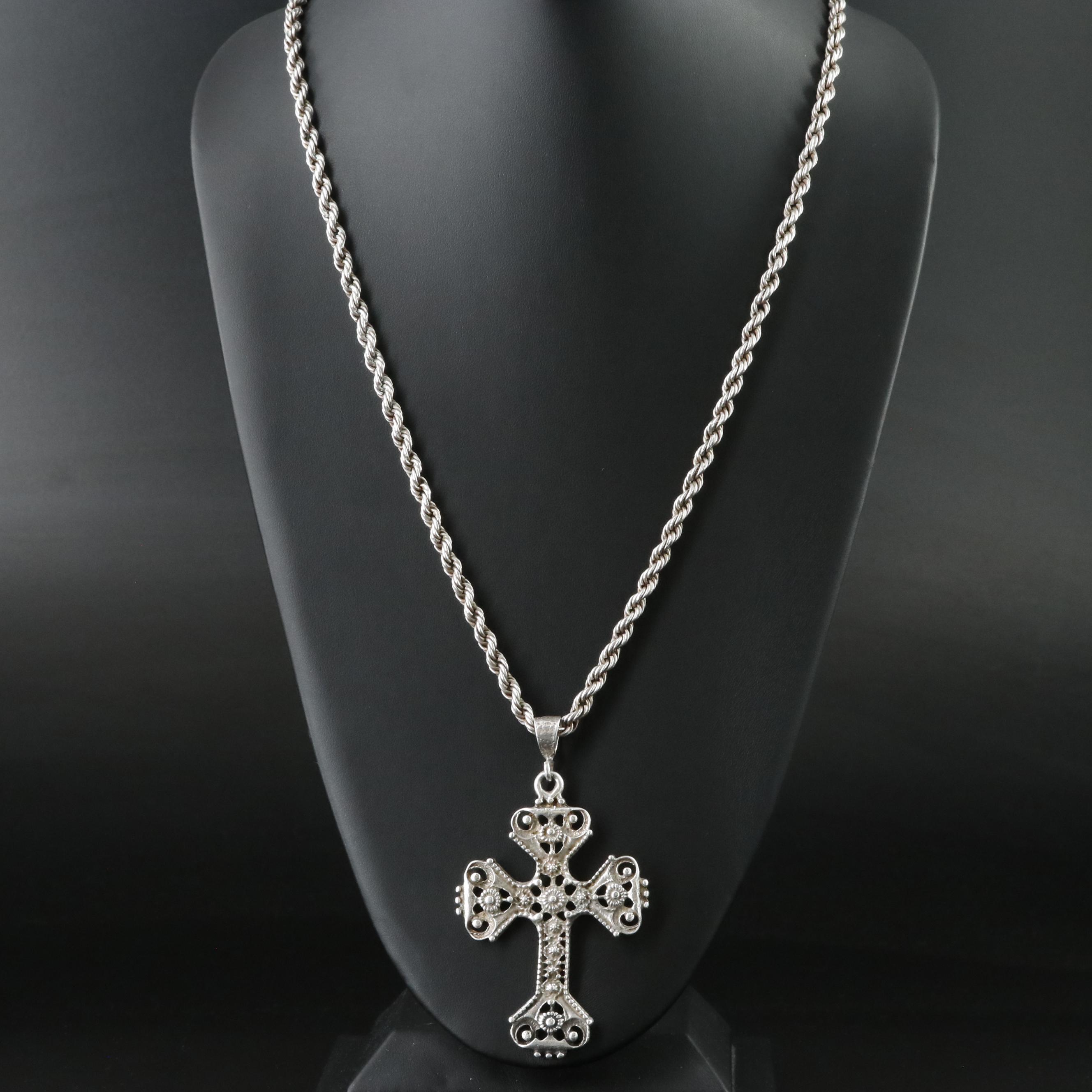 Vintage Mexican Sterling Cross Pendant Necklace