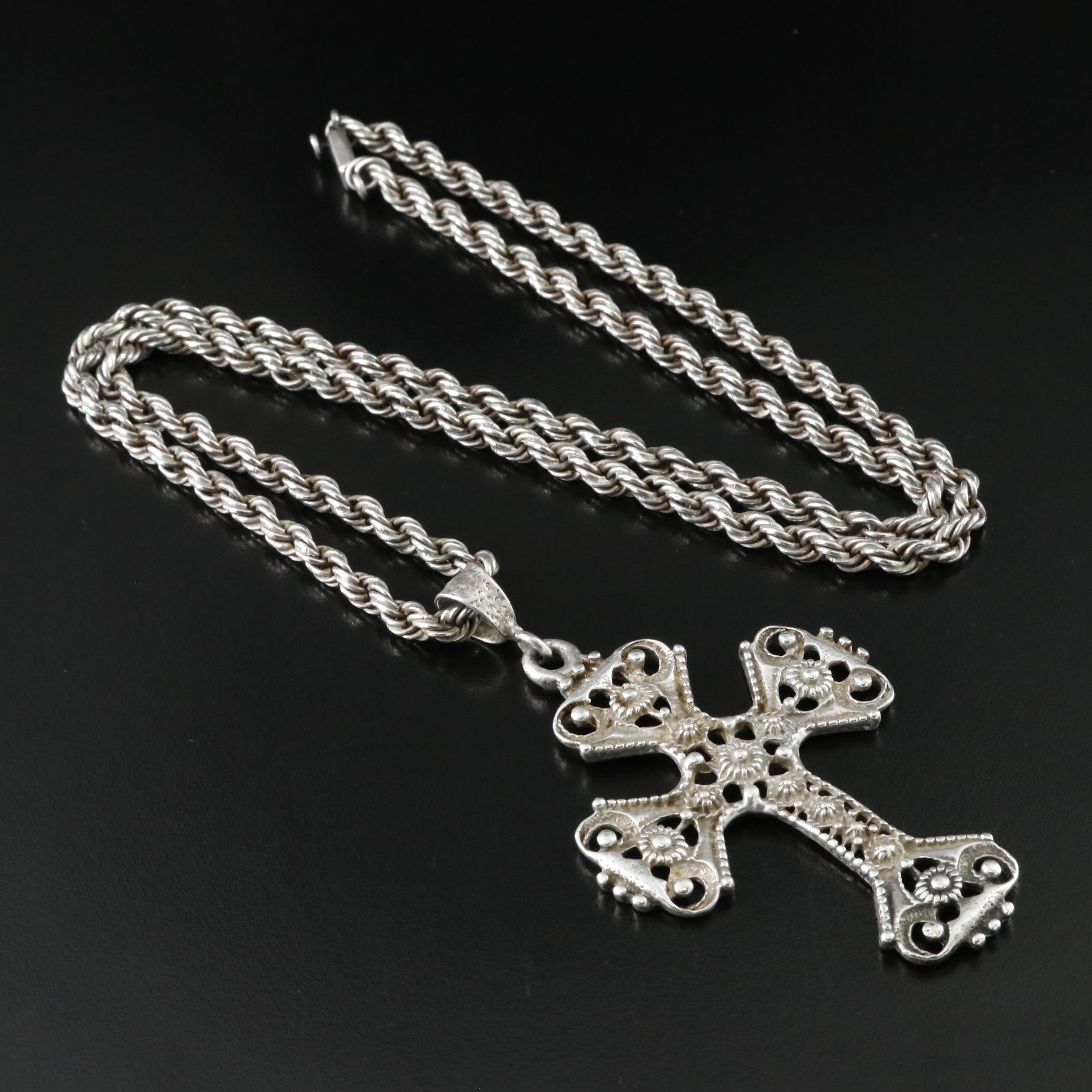 Vintage Mexican Sterling Cross Pendant Necklace