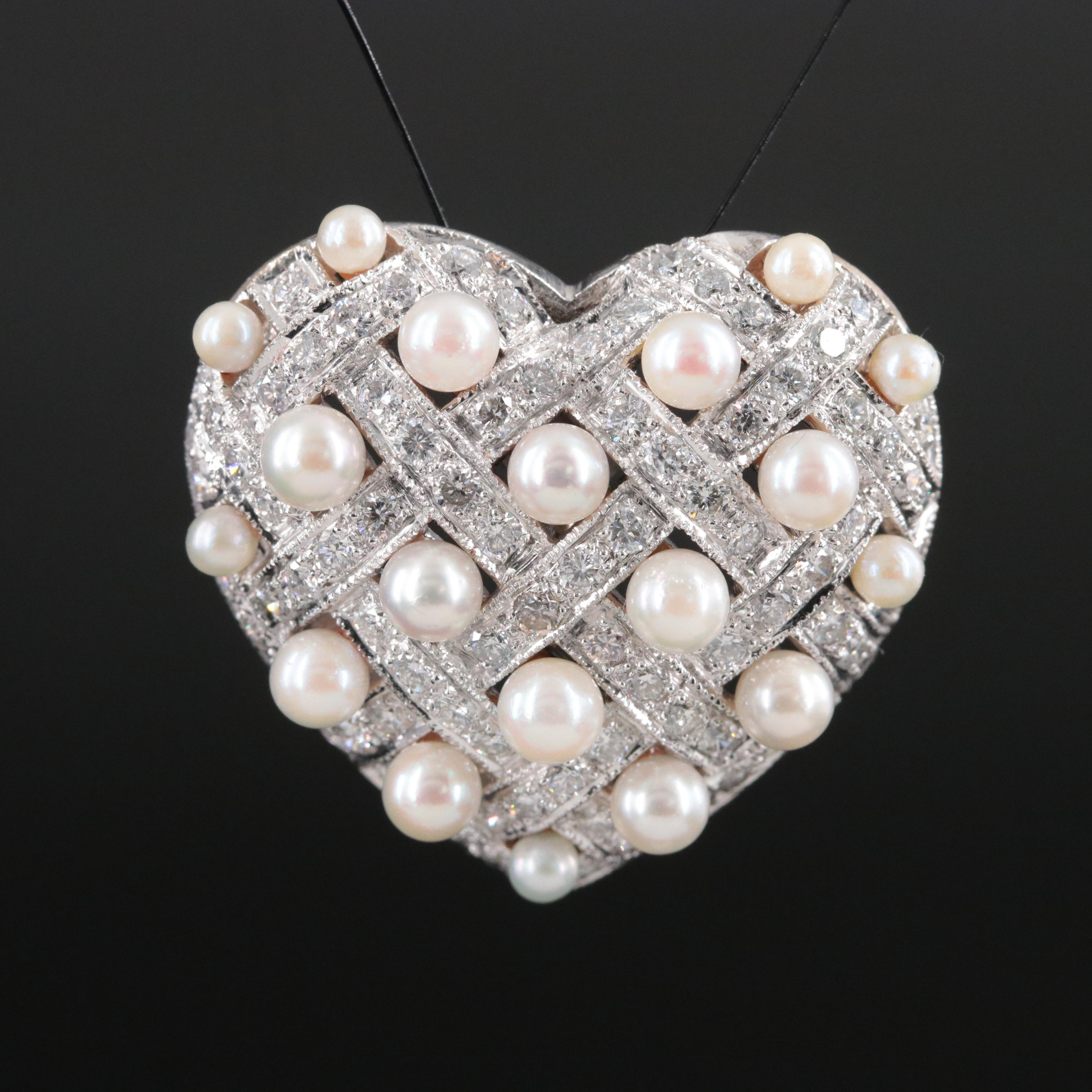 18K 2.06 CTW Diamond and Pearl Quilted Heart Pendant
