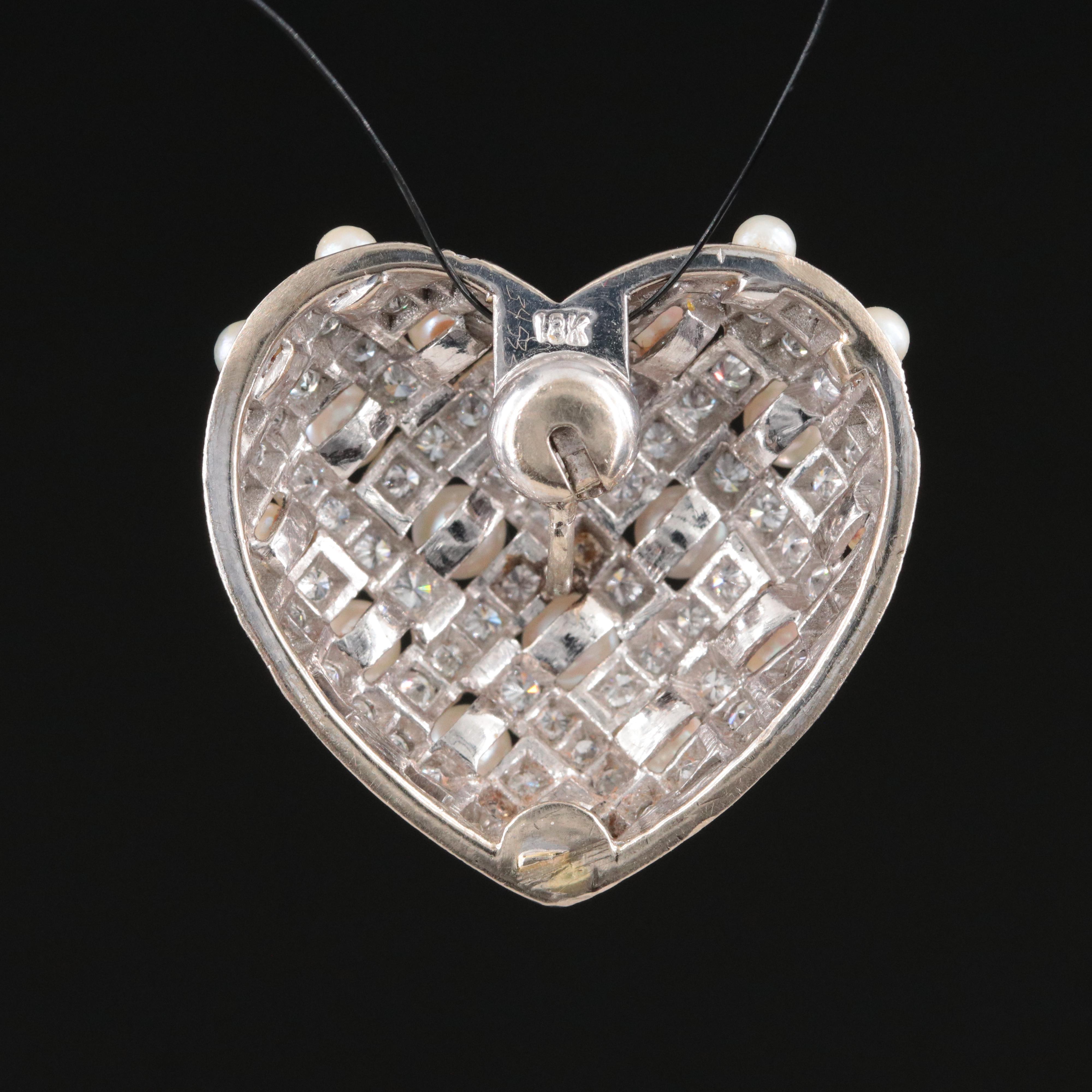 18K 2.06 CTW Diamond and Pearl Quilted Heart Pendant
