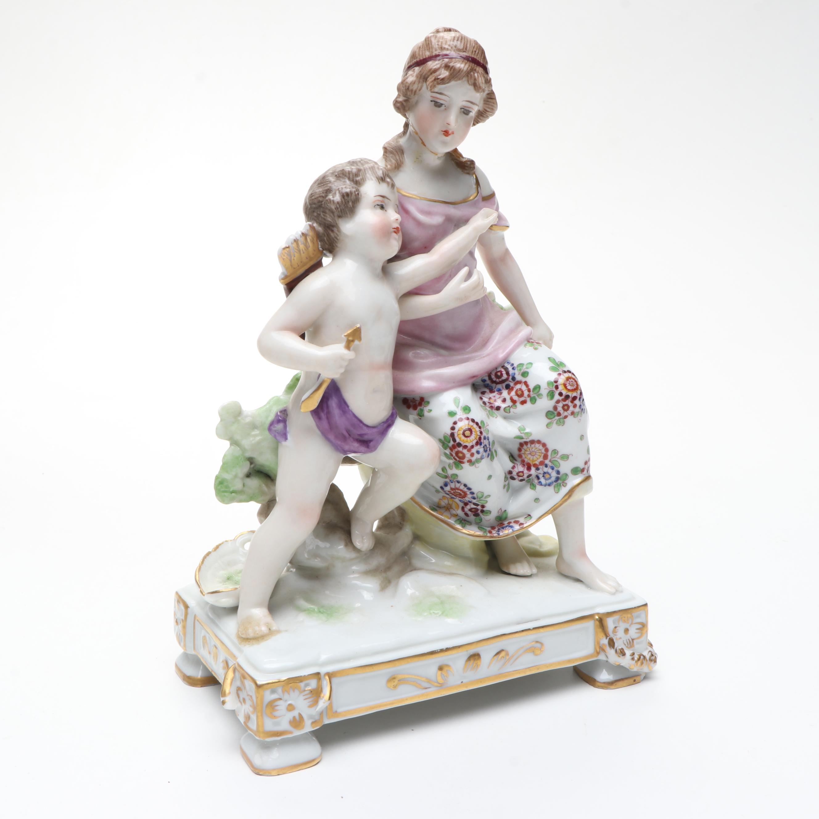 Porcelain Child Figurines with Woman and Cupid Figurine