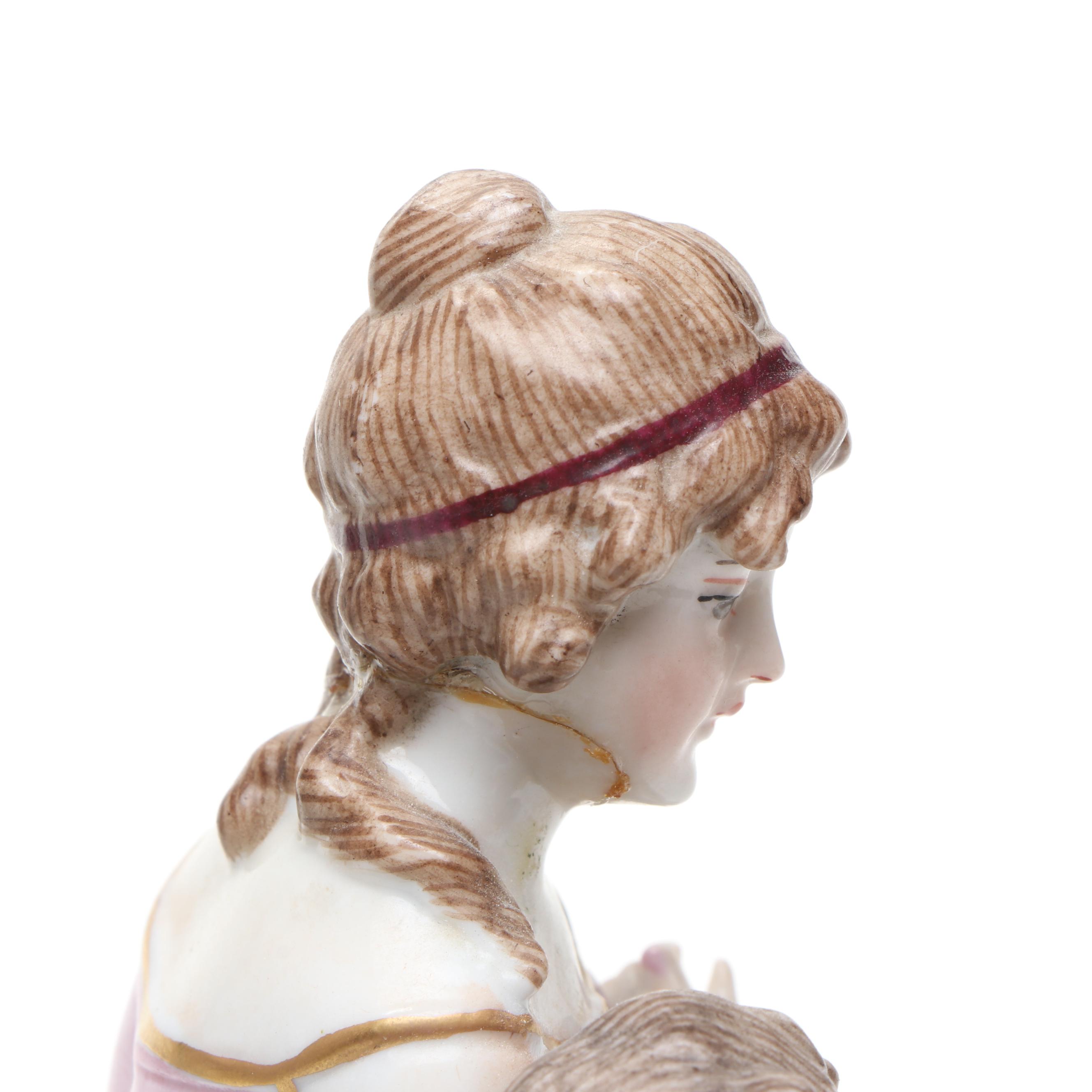Porcelain Child Figurines with Woman and Cupid Figurine