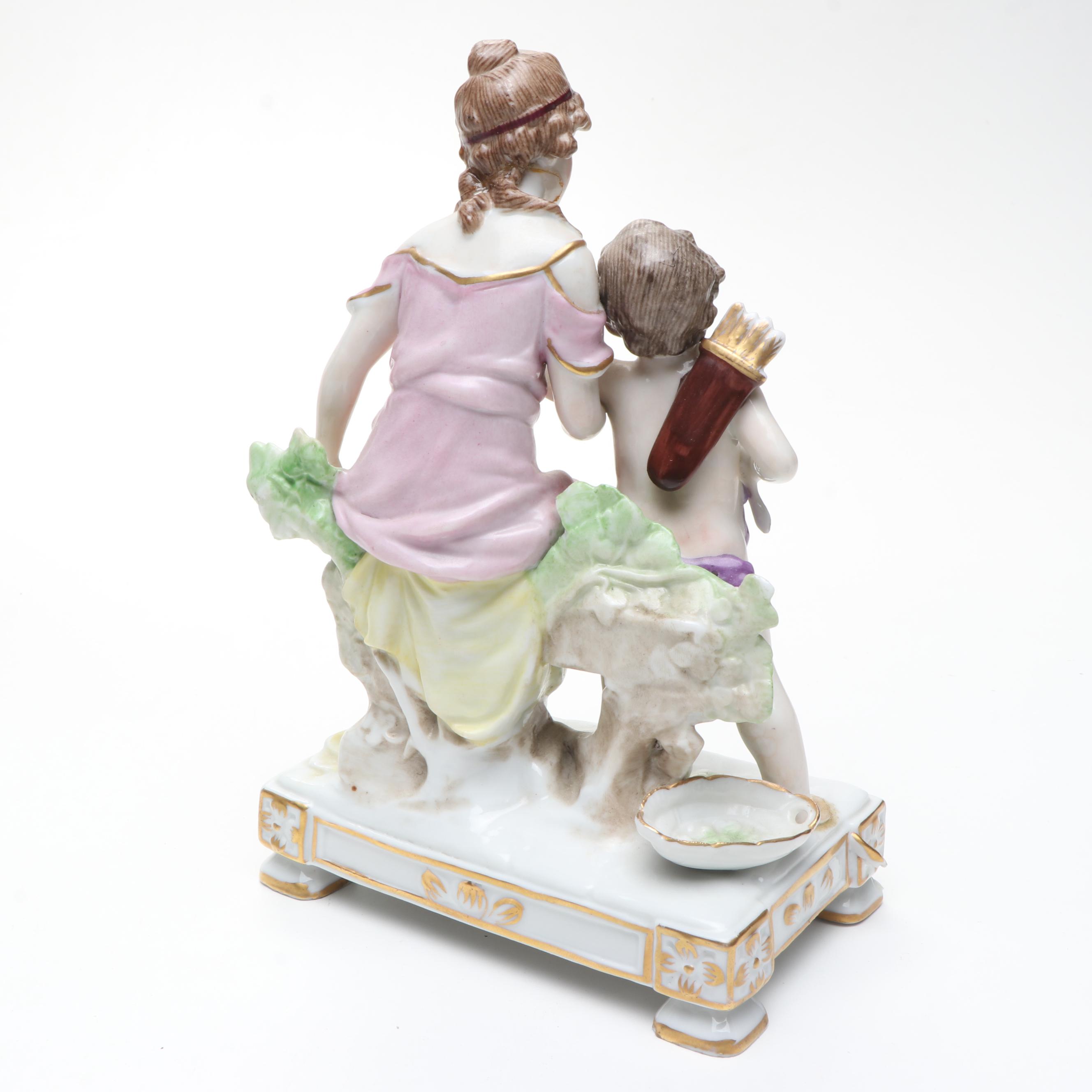 Porcelain Child Figurines with Woman and Cupid Figurine