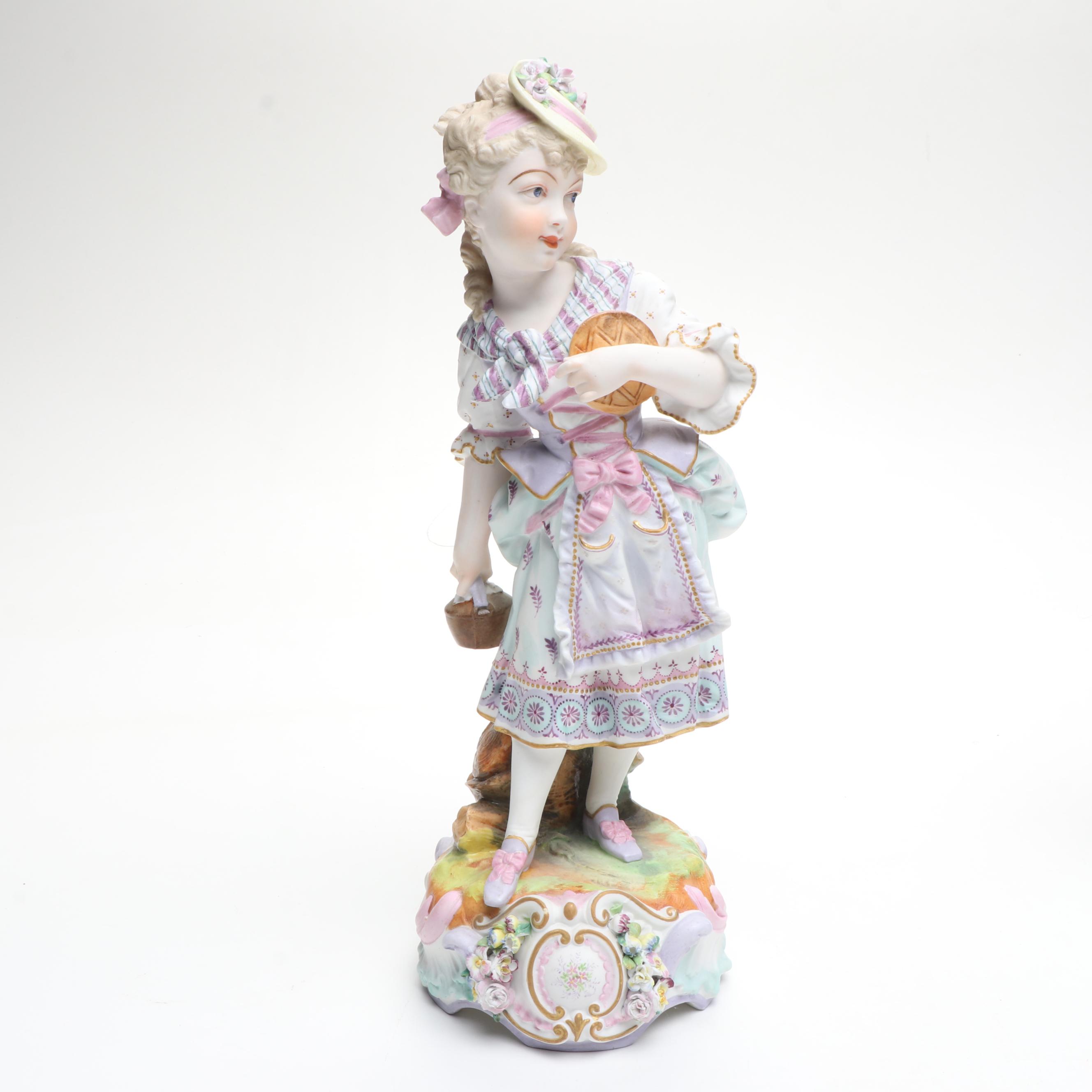 Porcelain Child Figurines with Woman and Cupid Figurine