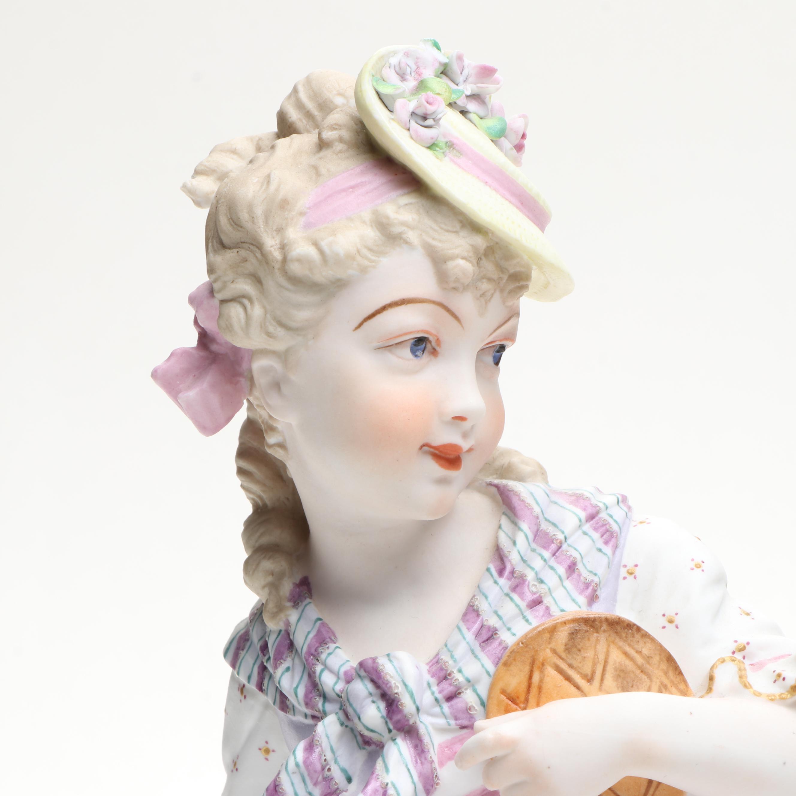 Porcelain Child Figurines with Woman and Cupid Figurine